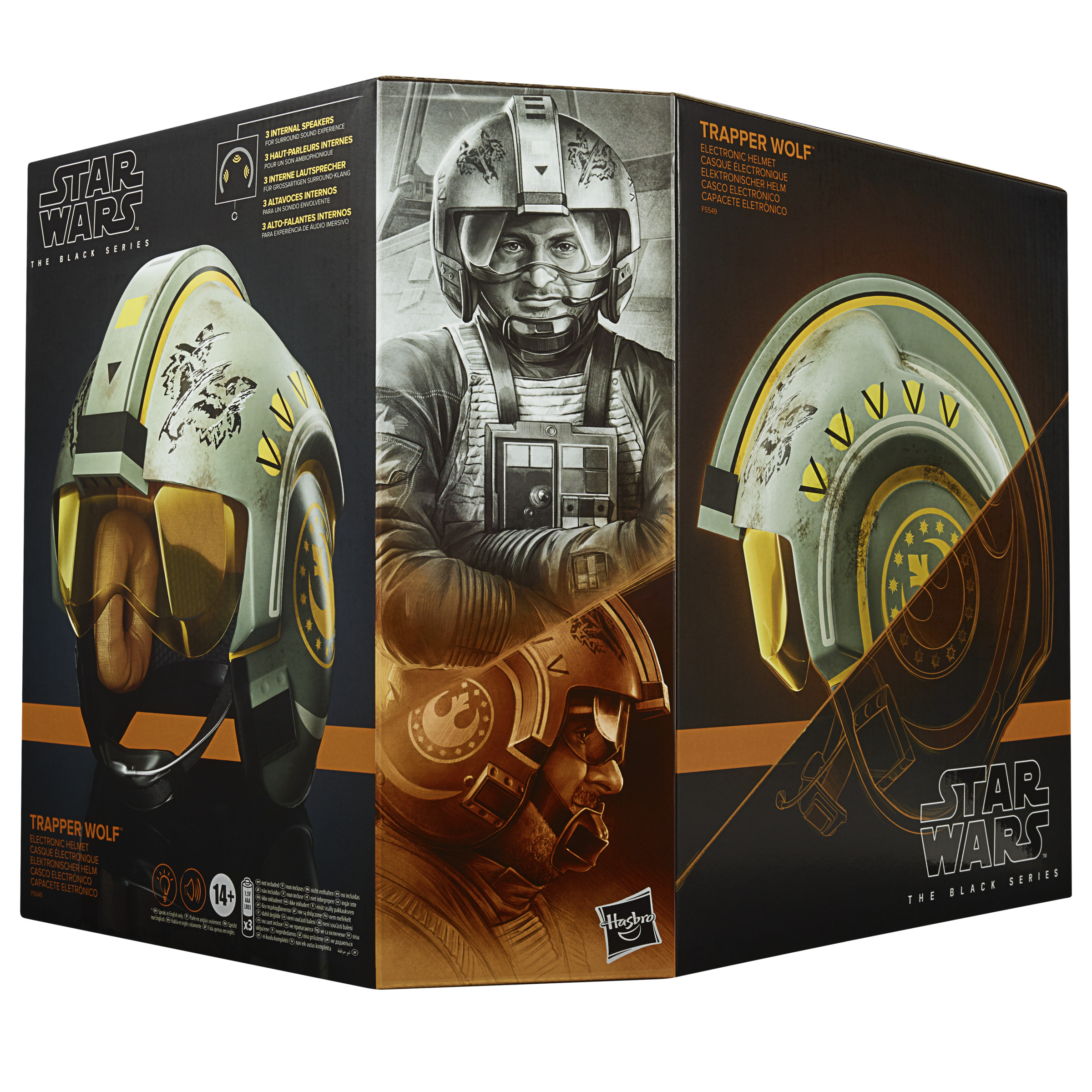 Caja de casco Star Wars The Black Series. Muestra el casco desde diferentes ángulos.