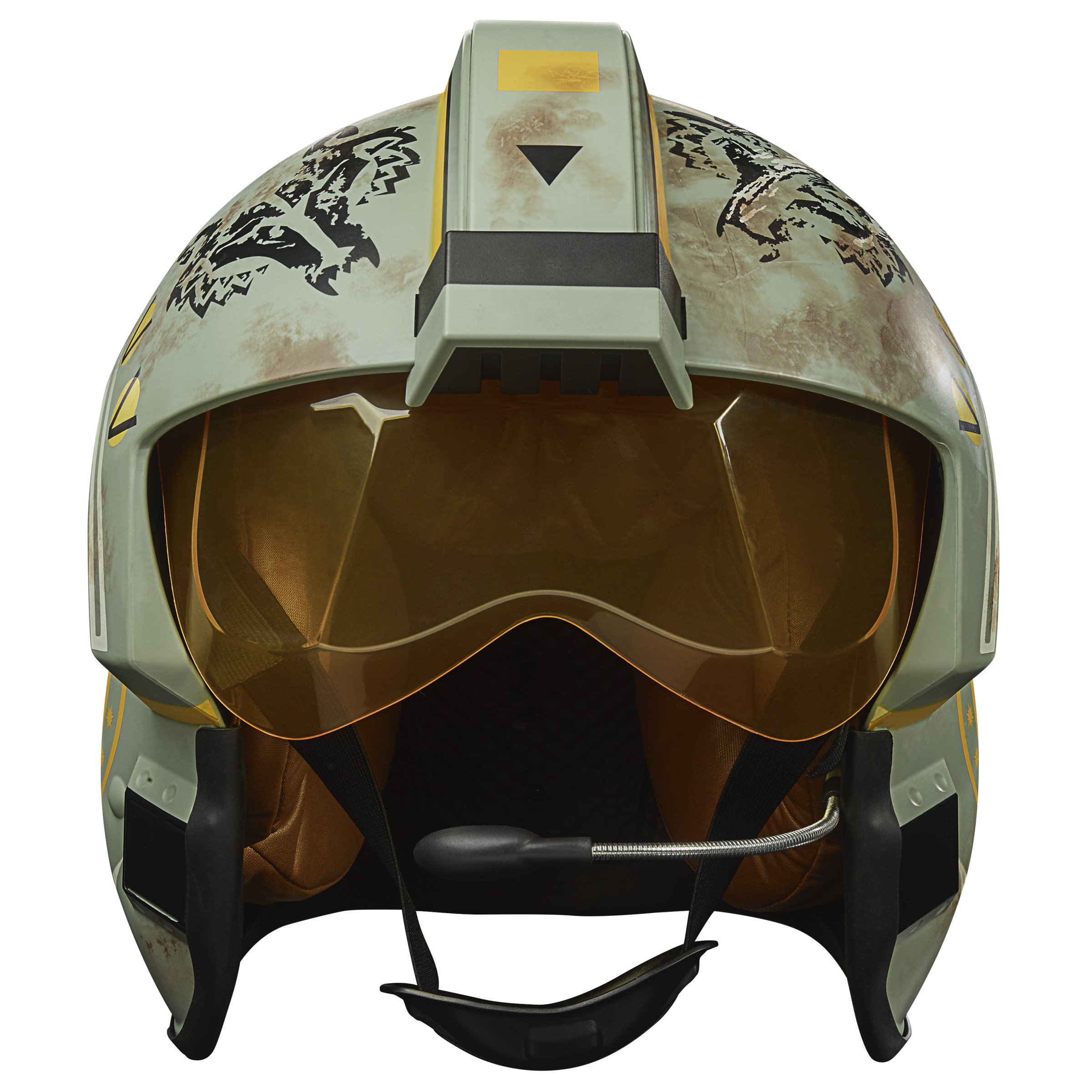 Casco de piloto de Star Wars, verde oliva con visera amarilla y micrófono.