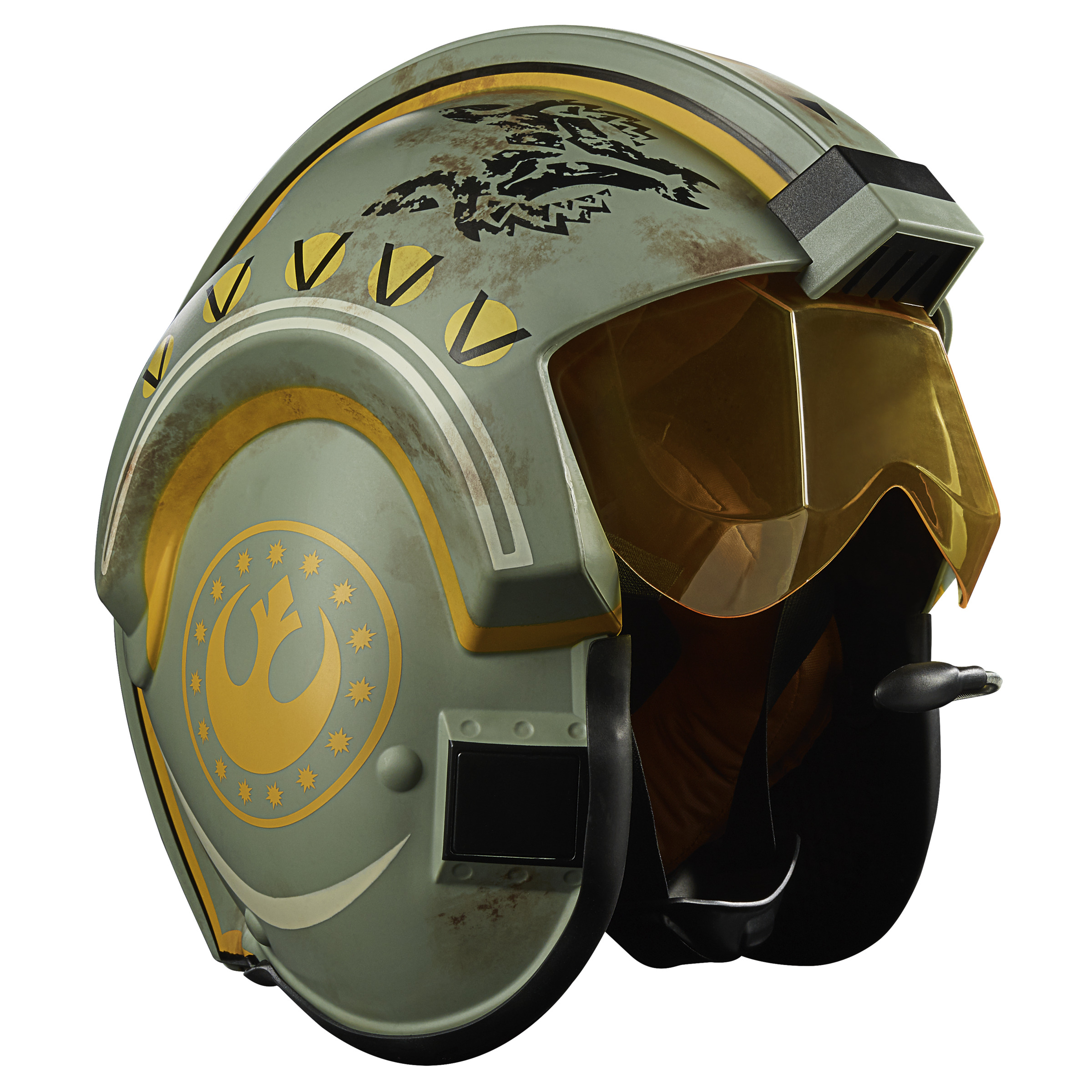 Casco de piloto Rebelde de Star Wars, diseño verde y amarillo, con visor y marcas.
