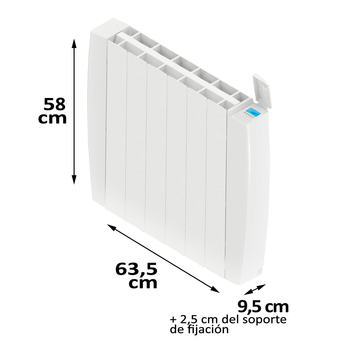 Radiador eléctrico blanco con etiquetas de dimensiones. Forma rectangular con lamas verticales. Cuenta con una pantalla digital. Fondo blanco.