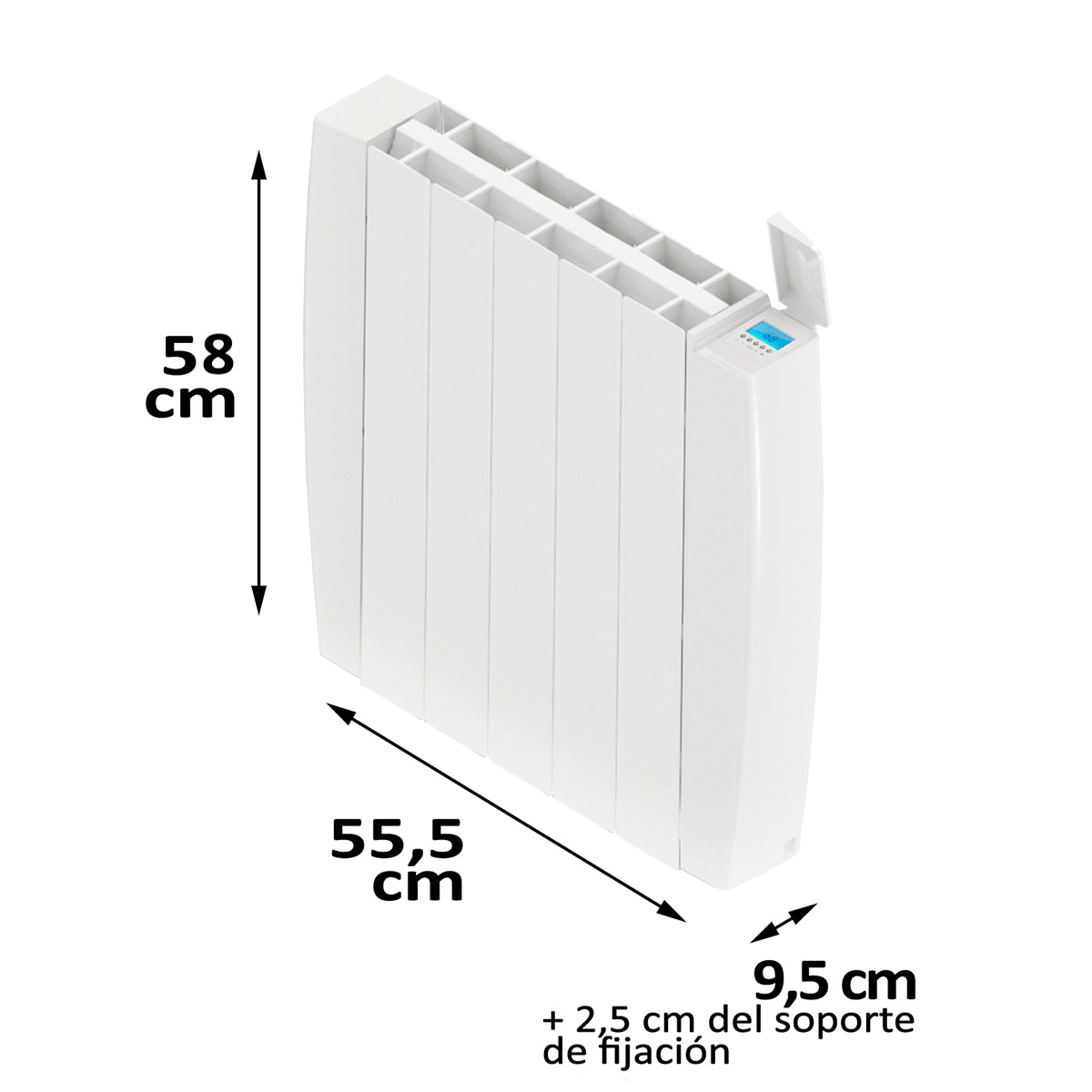 Radiador eléctrico blanco con dimensiones en cm, mostrando largo, ancho y grosor.