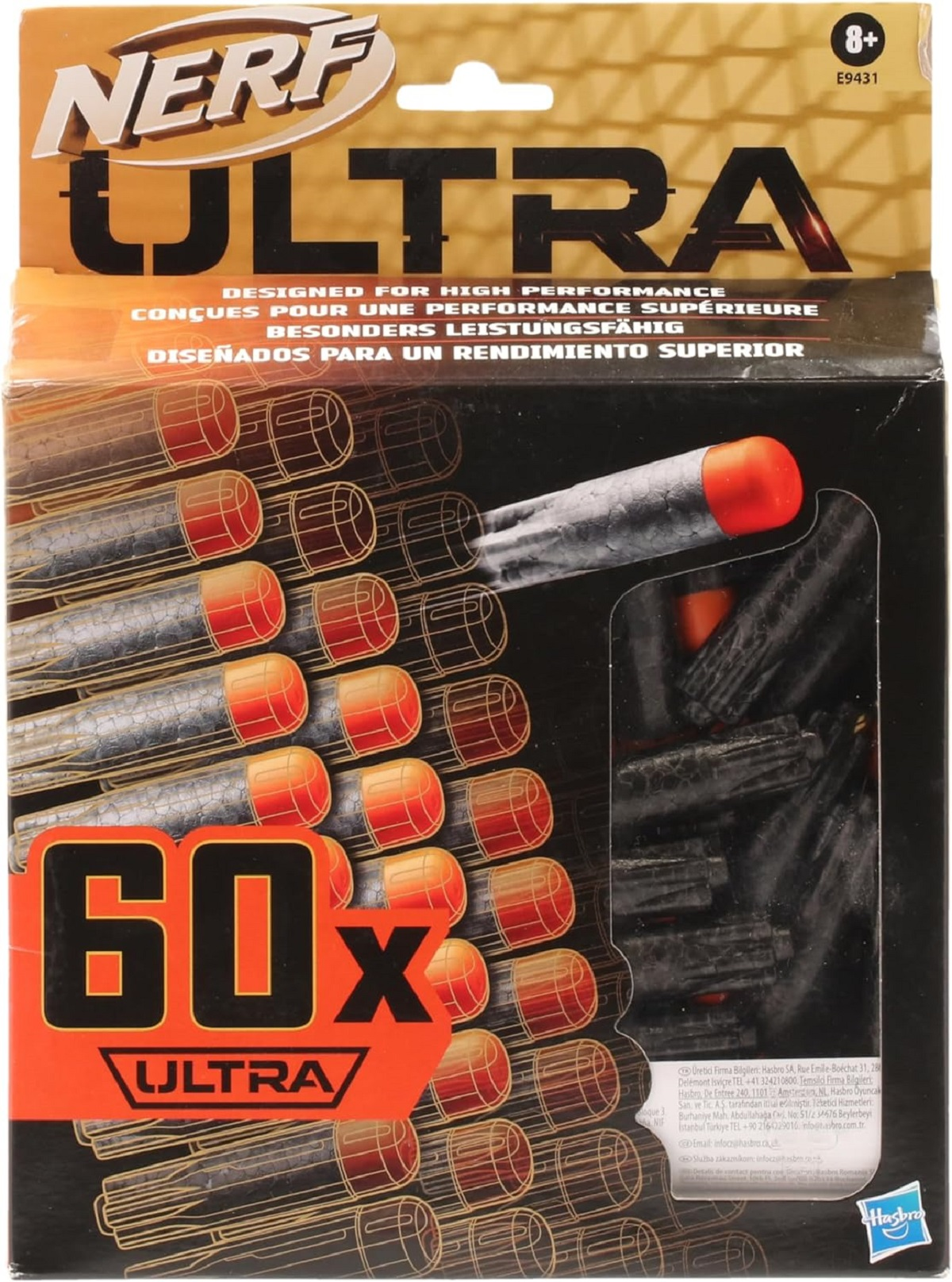 Scatola di ricarica dardi Nerf Ultra, con dardi all'interno, con testo sulla scatola.