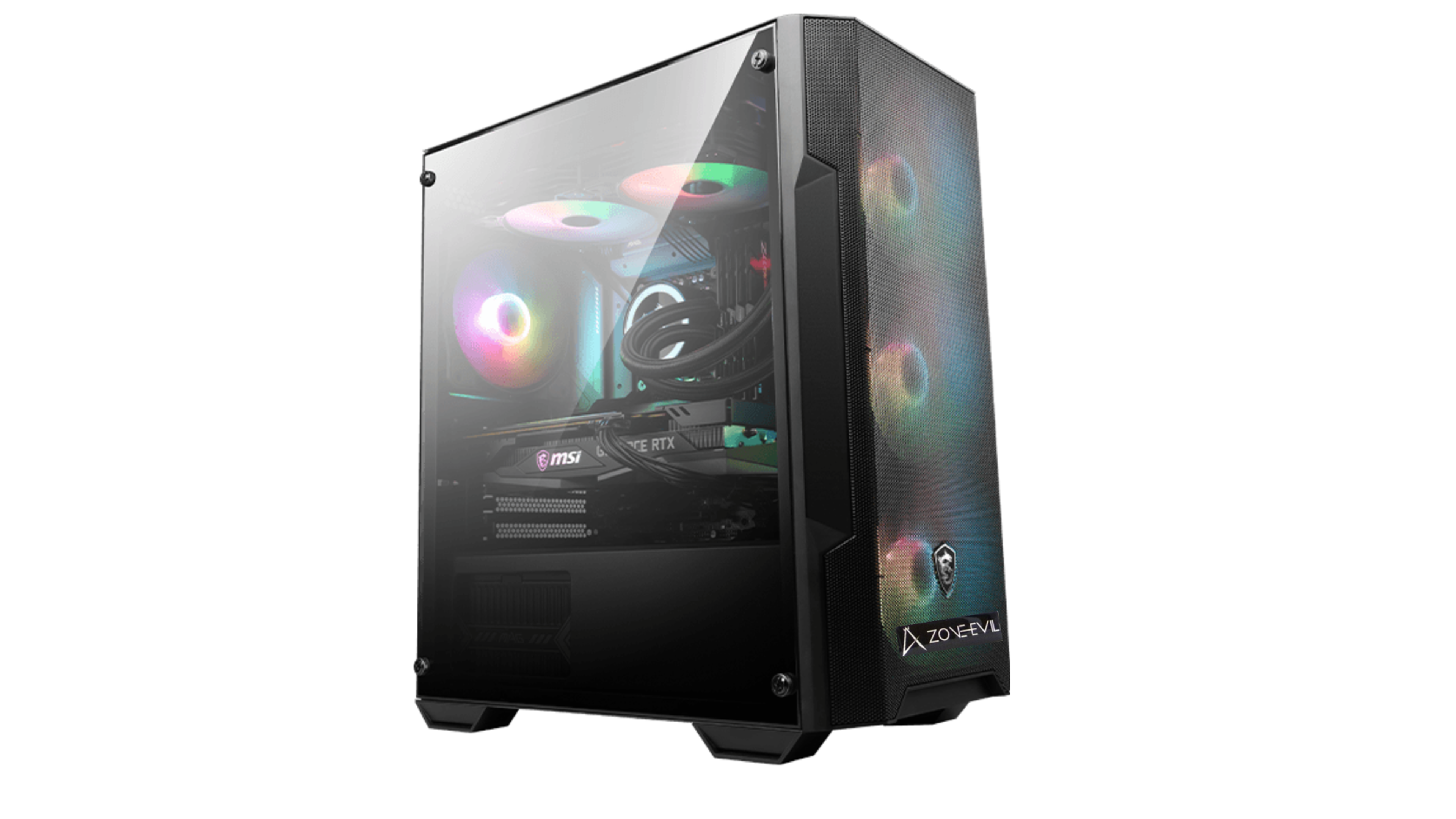 PC da gioco all'interno di un case con pannello in vetro, che mostra componenti interni con luci RGB.