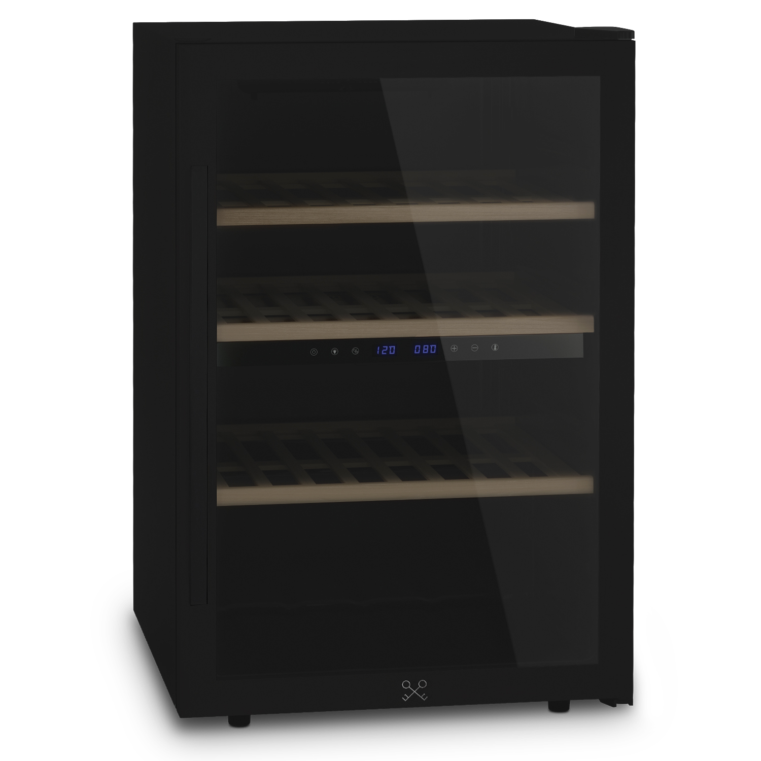 Enfriador de vino negro con puerta de vidrio, mostrando estantes de vino.