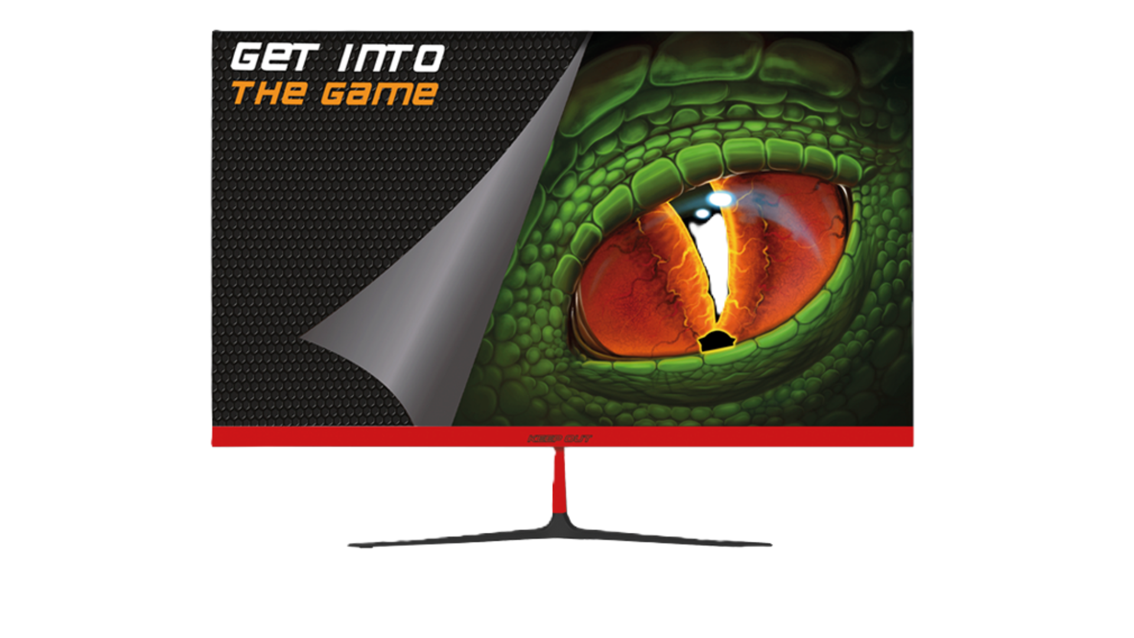 Monitor del computer con cornice rossa. Lo schermo mostra un occhio verde con il testo: 'Get into The Game'.