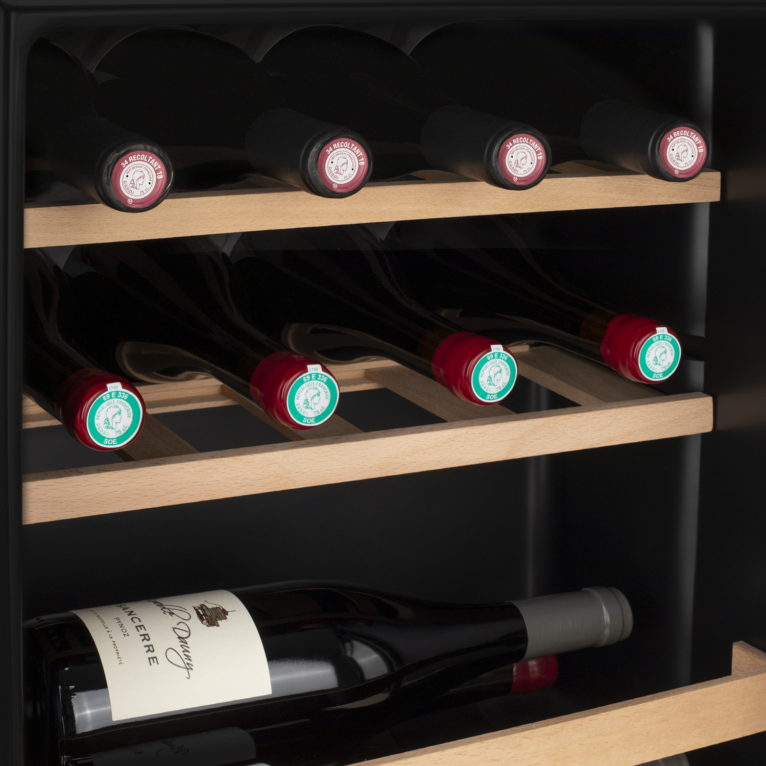Weinregal mit mehreren Flaschen Rotwein auf Holzregalen.