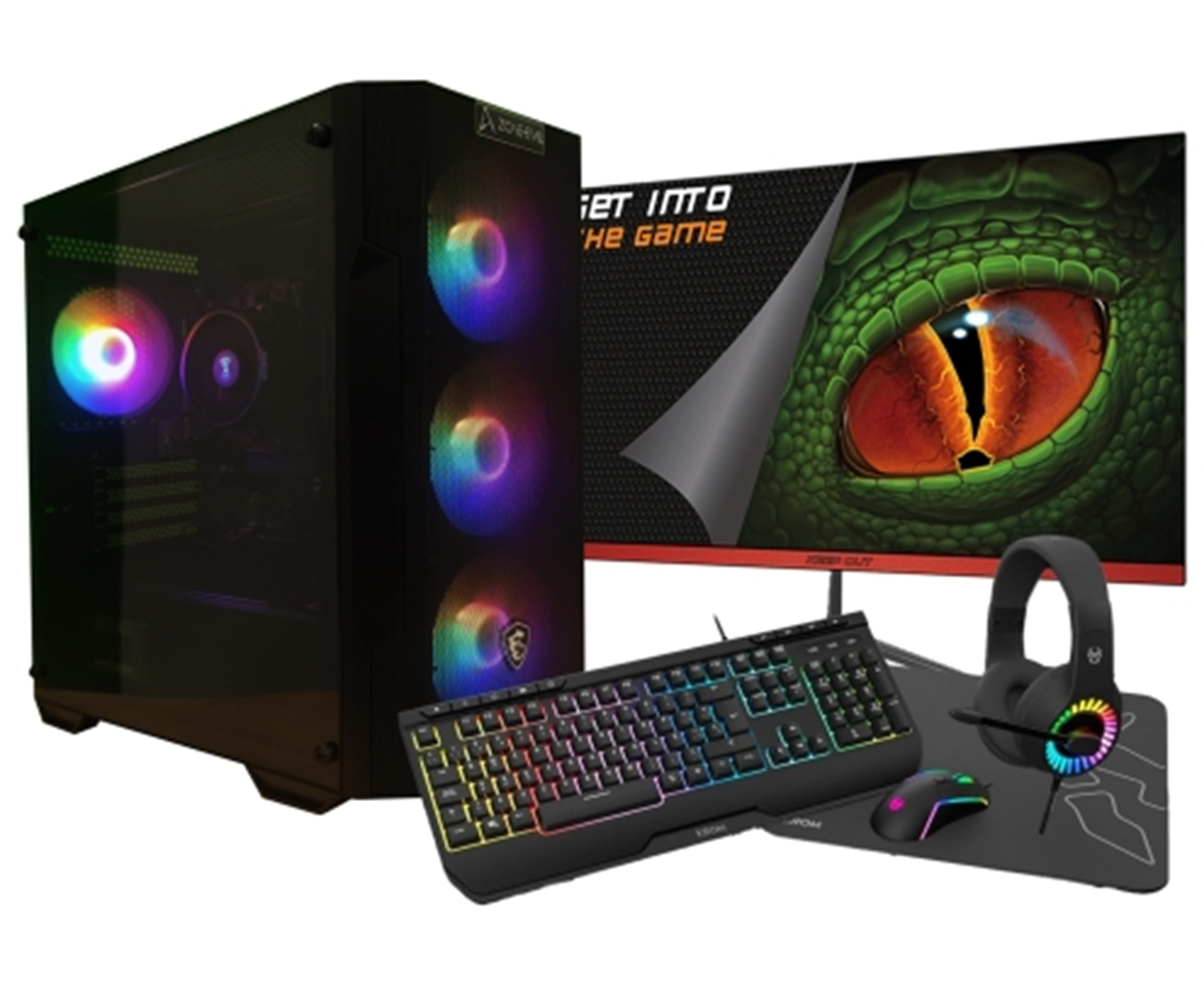 Un setup di gioco con computer, monitor con testi, tastiera, mouse e cuffie.