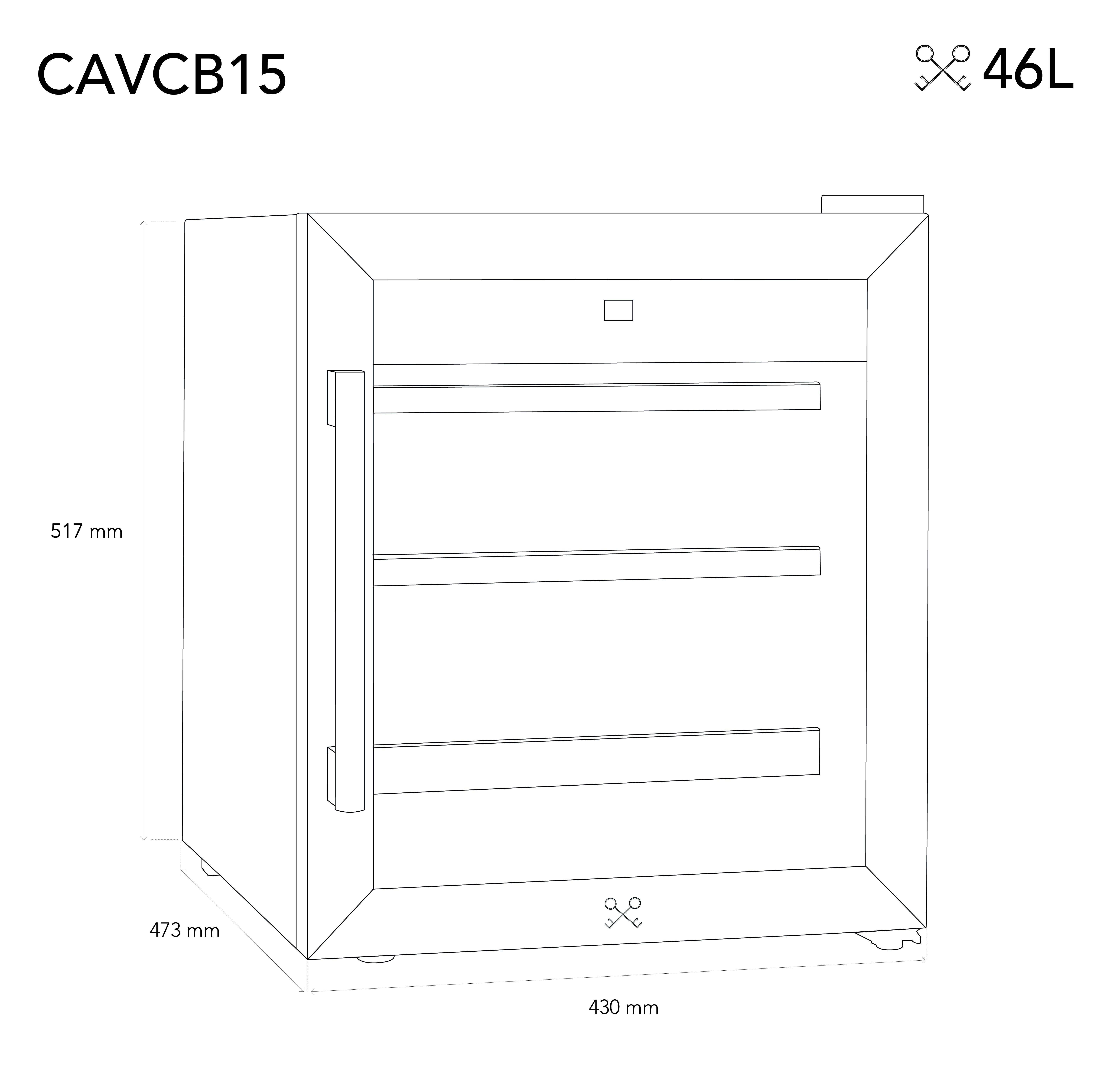 Weinkühler-Diagramm. Weißer Hintergrund mit Abmessungen und Text. "CAVCB15" und "46L" werden angezeigt.