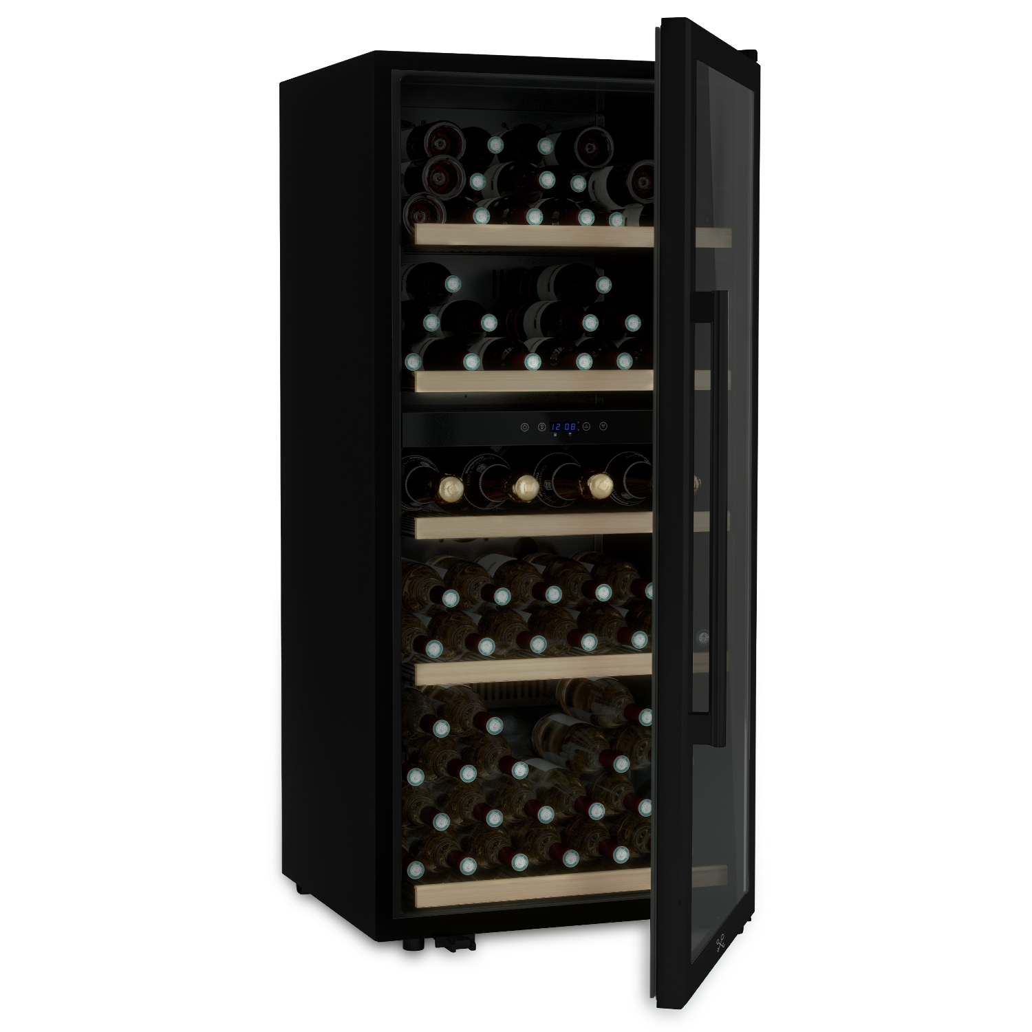 Enfriador de vino negro con puerta de cristal abierta. Estantes con varias botellas de vino.