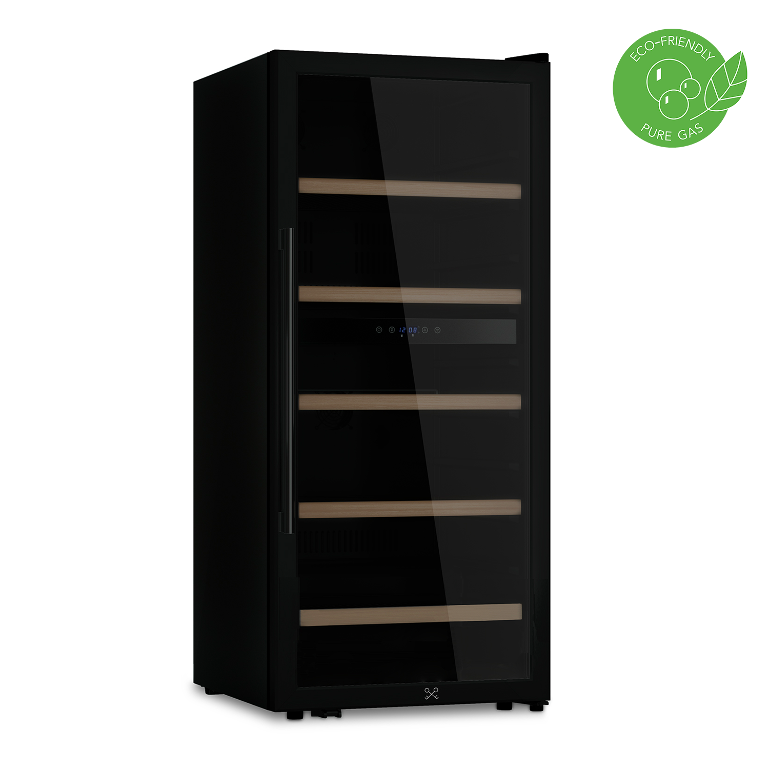 Enfriador de vino negro con puerta de vidrio y estantes de madera. Una pegatina verde ecológica está en el lateral.