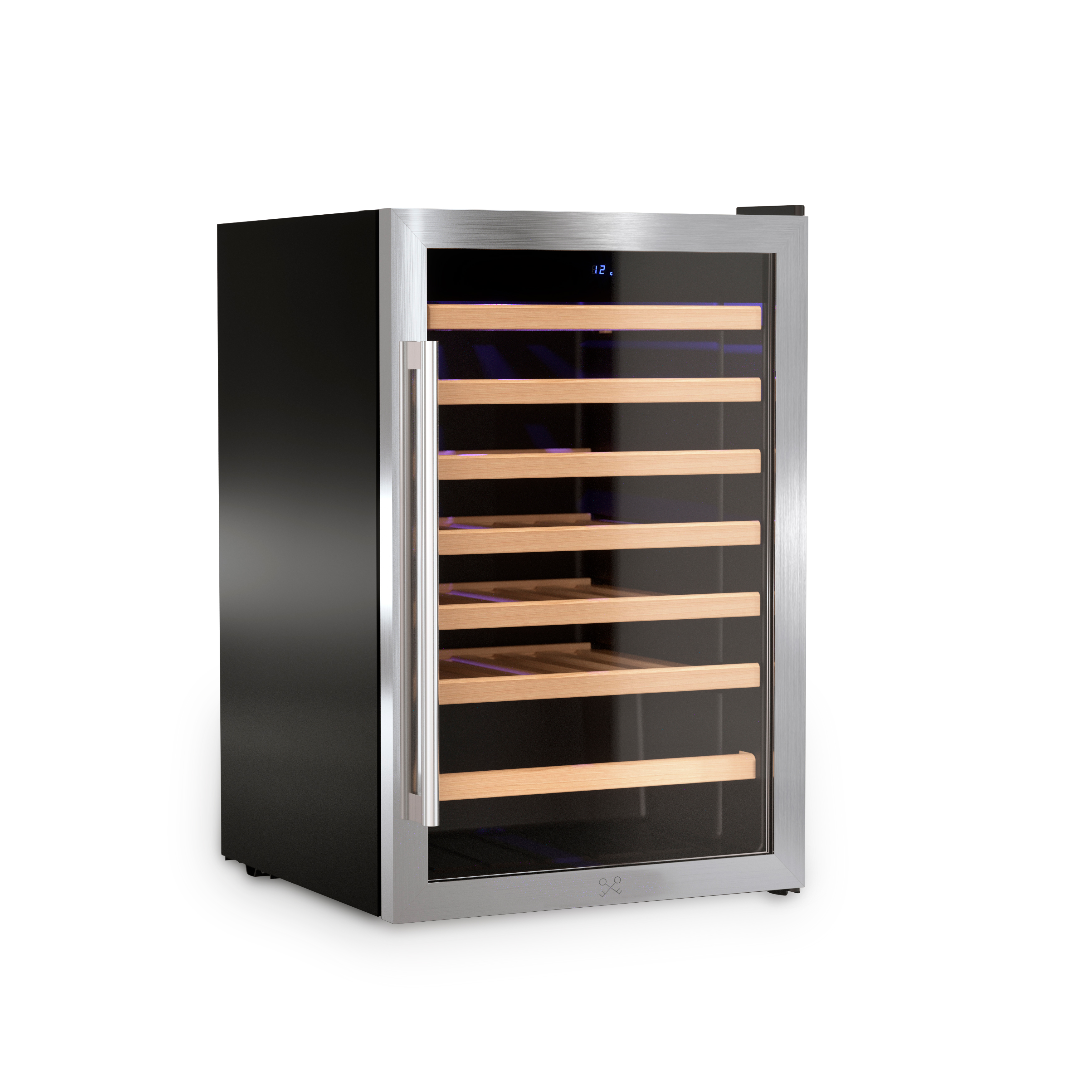 Schwarz-silberner Weinkühlschrank. Glastür mit Holzregalen und Digitalanzeige.