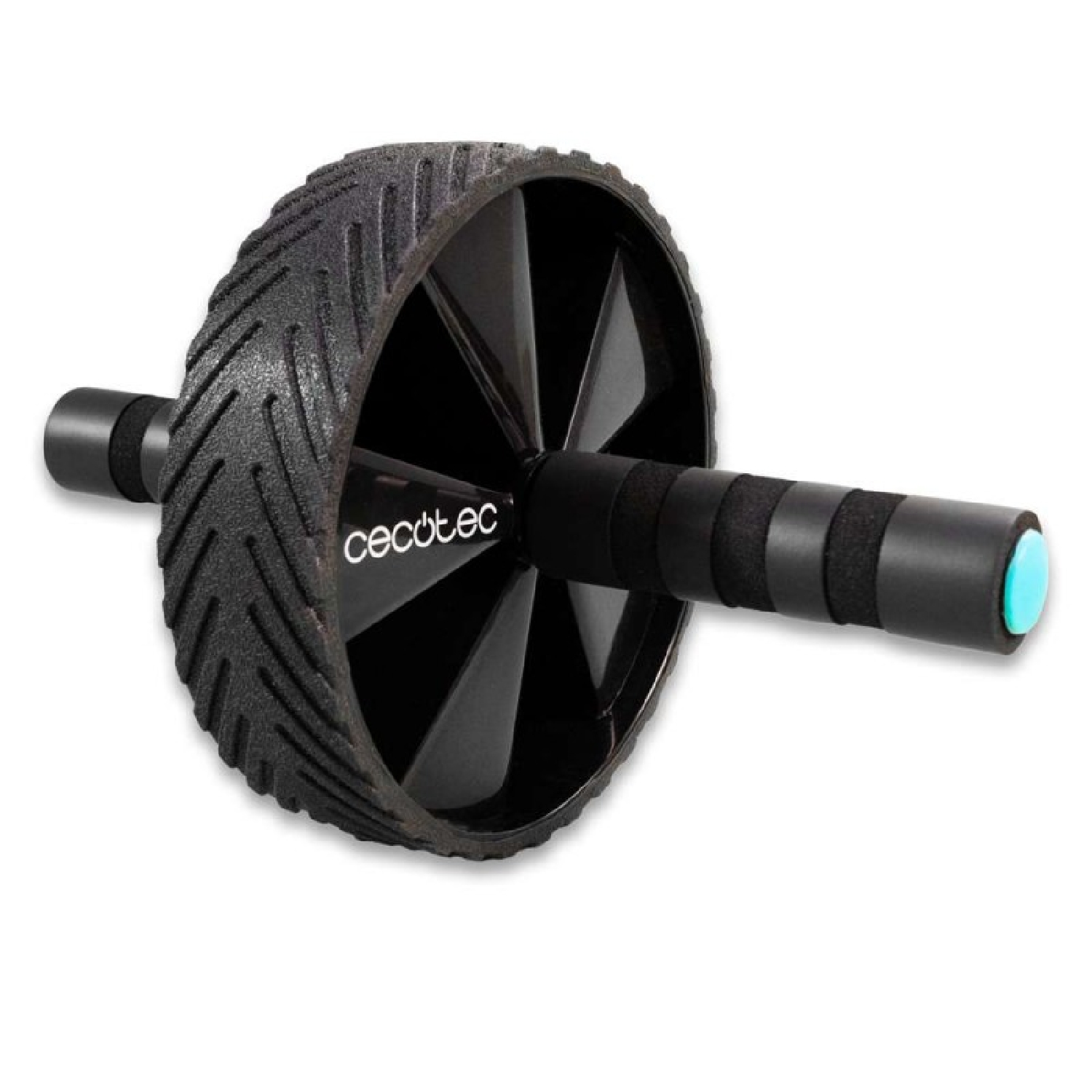 Ein Bauchmuskeltrainer mit schwarzem Rad und Griffen. Der Markenname 'cecotec' ist sichtbar.