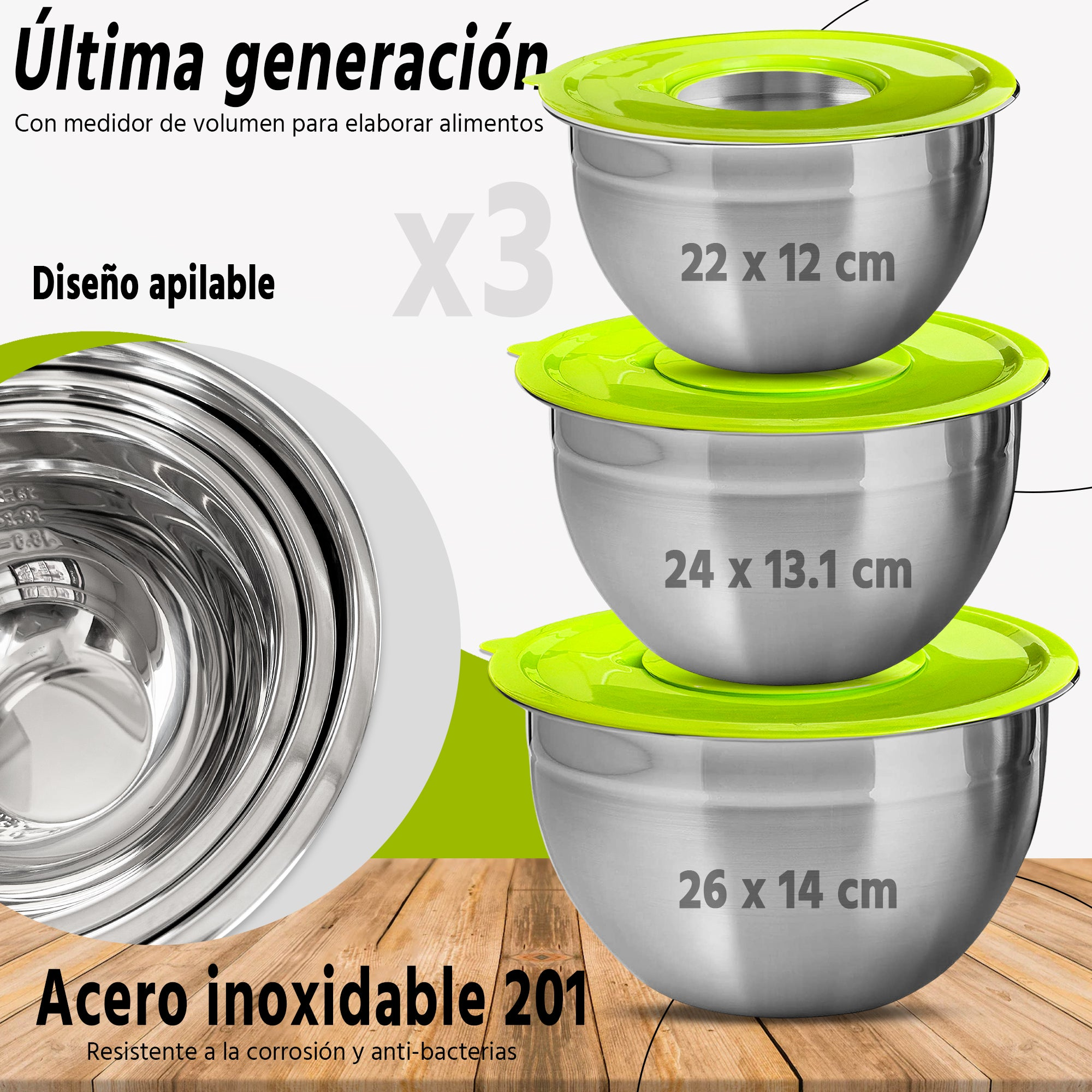 Tres cuencos mezcladores de acero inoxidable con tapas verdes, apilados. El texto lateral dice 'Acero Inoxidable'.