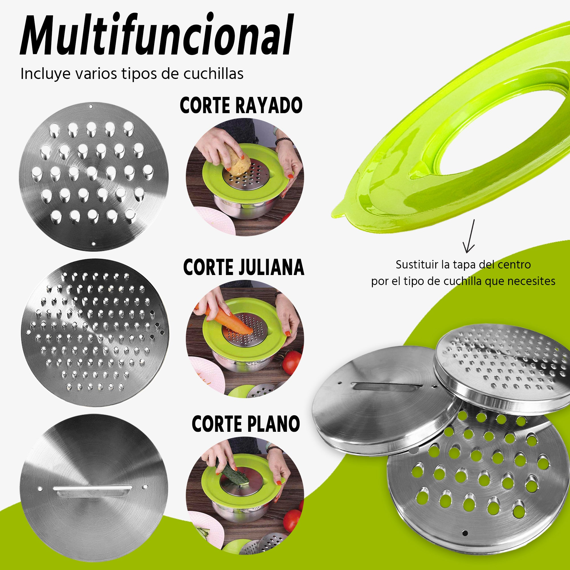 Fondo blanco muestra un cortador de verduras multifuncional con diferentes cuchillas y partes.
