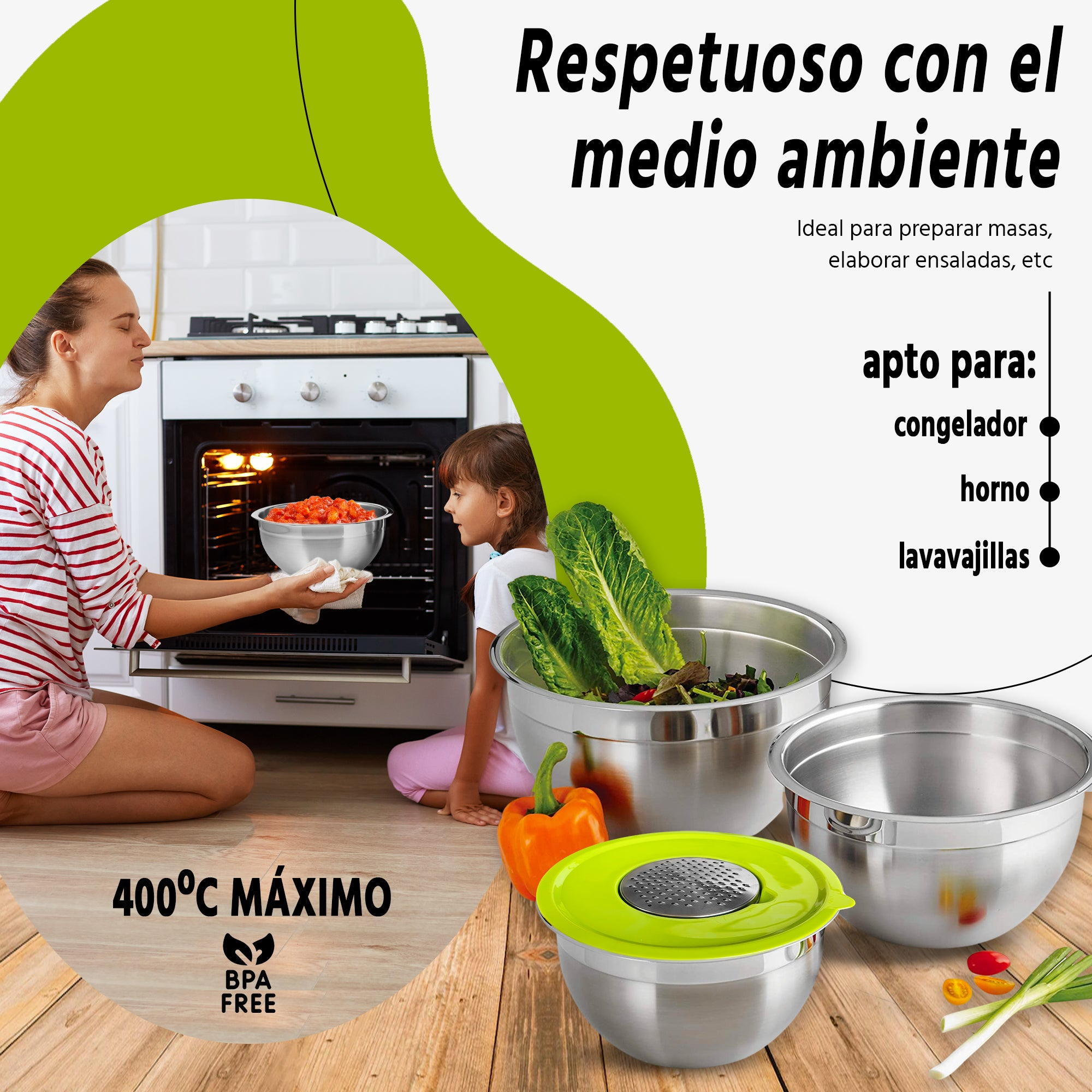 Mujer y niño preparando comida en la cocina. Se ven cuencos de acero inoxidable e ingredientes.