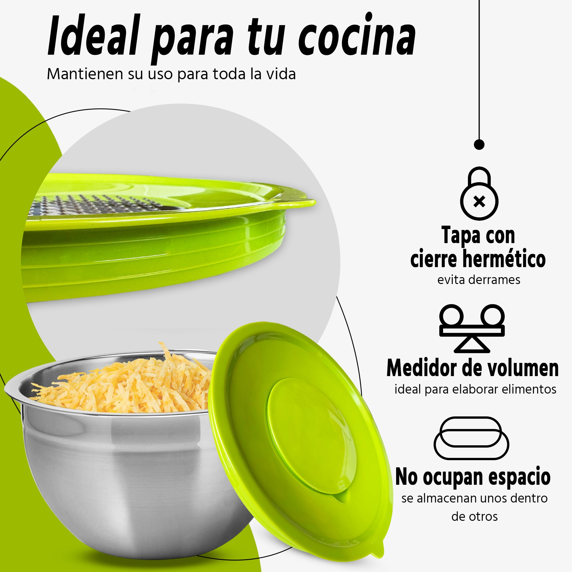 Tapa verde y cuenco con comida rallada, descripción de texto.
