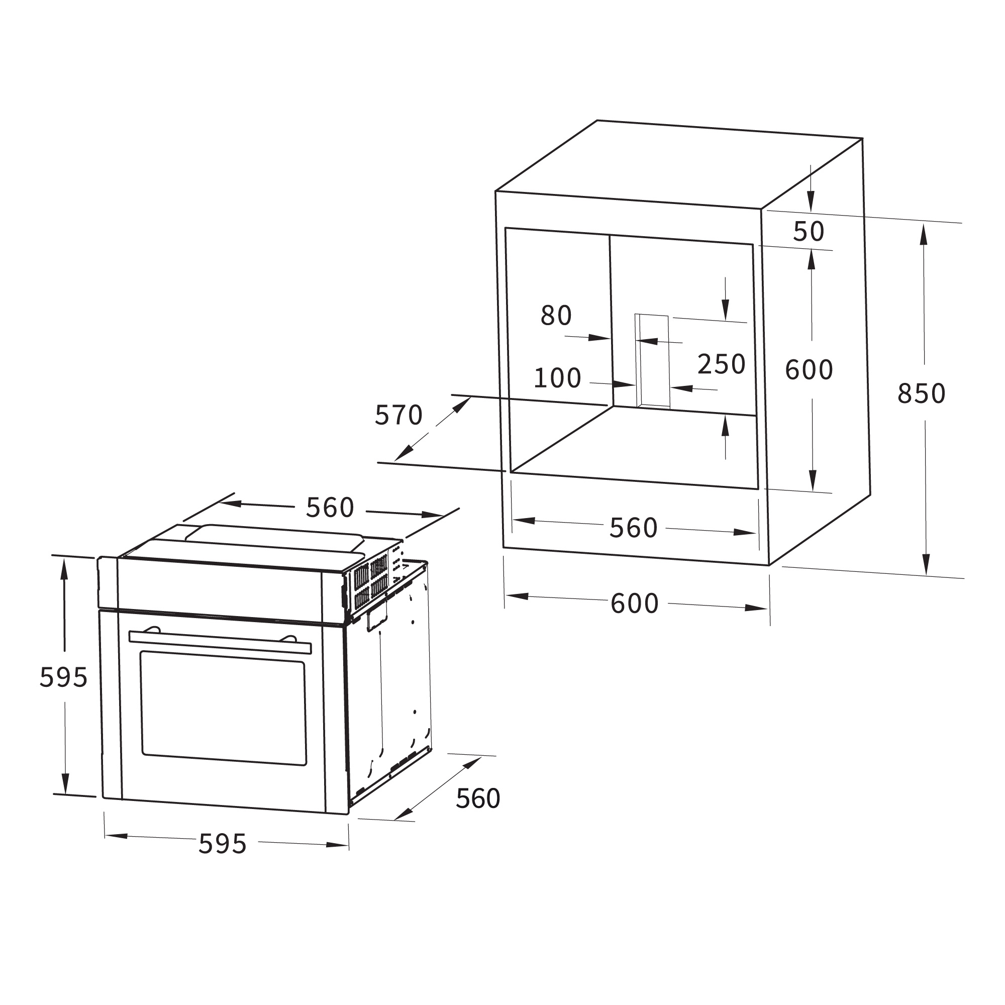 Strichzeichnung-Schema eines Ofens mit Abmessungen und Innenstruktur.