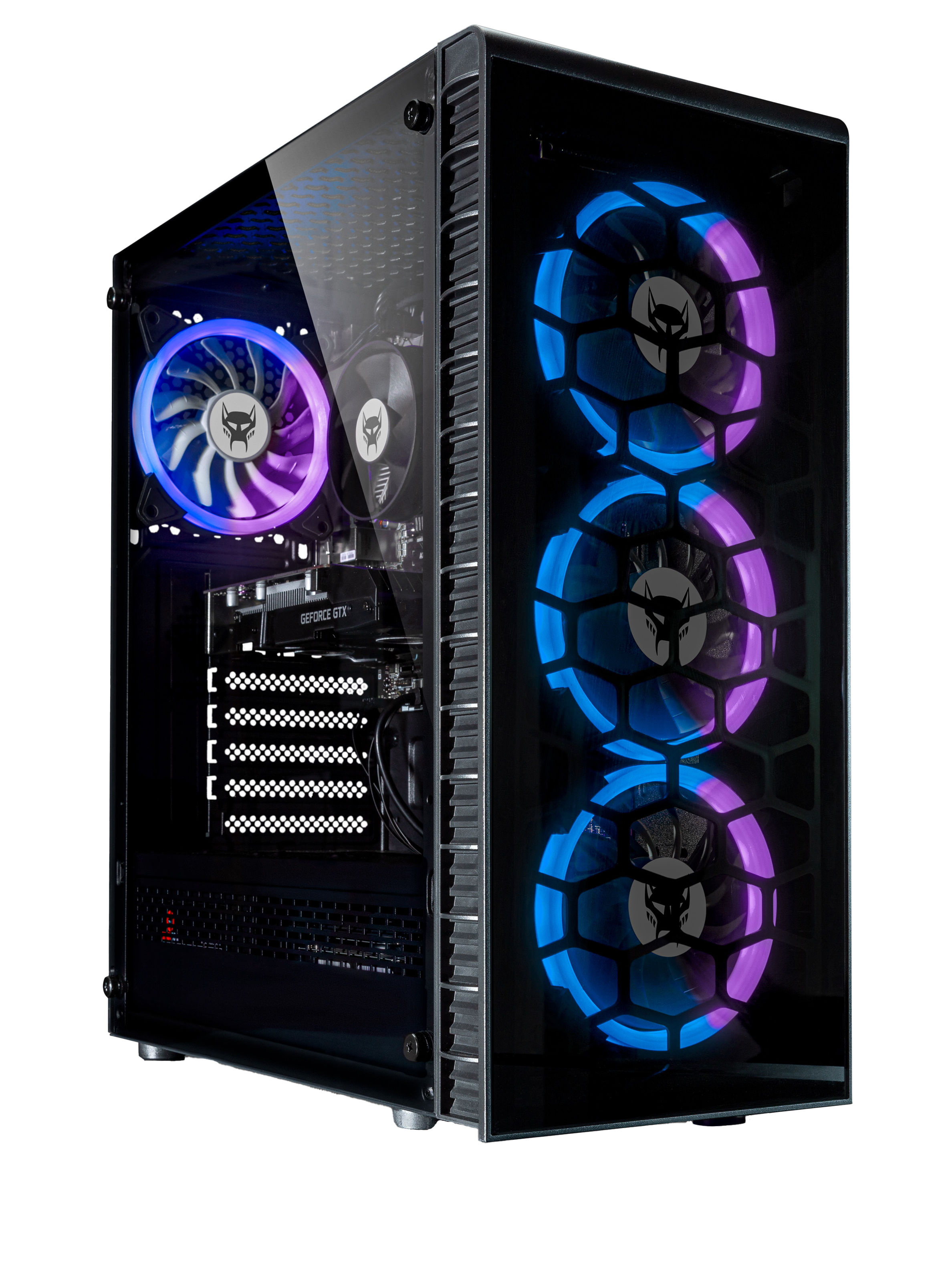 Ein Gaming-PC-Gehäuse mit RGB-Lüftern und einer Glas-Seitenwand. Das Gehäuse befindet sich auf schwarzem Hintergrund.