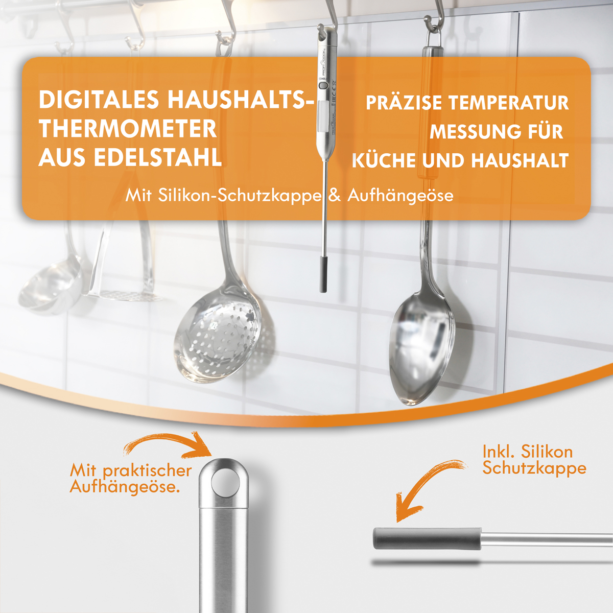 Cyfrowy termometr kuchenny z tekstem o pomiarze temperatury i silikonową nasadką.