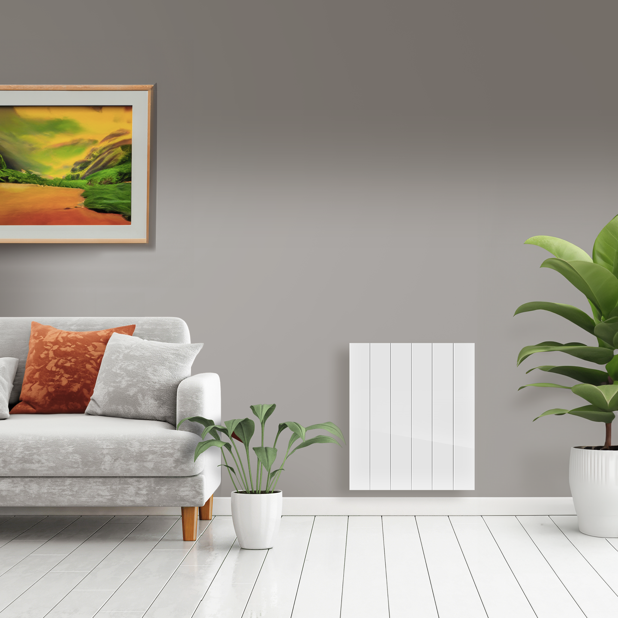 Una escena de sala de estar con un sofá gris, pintura, plantas y un radiador blanco.