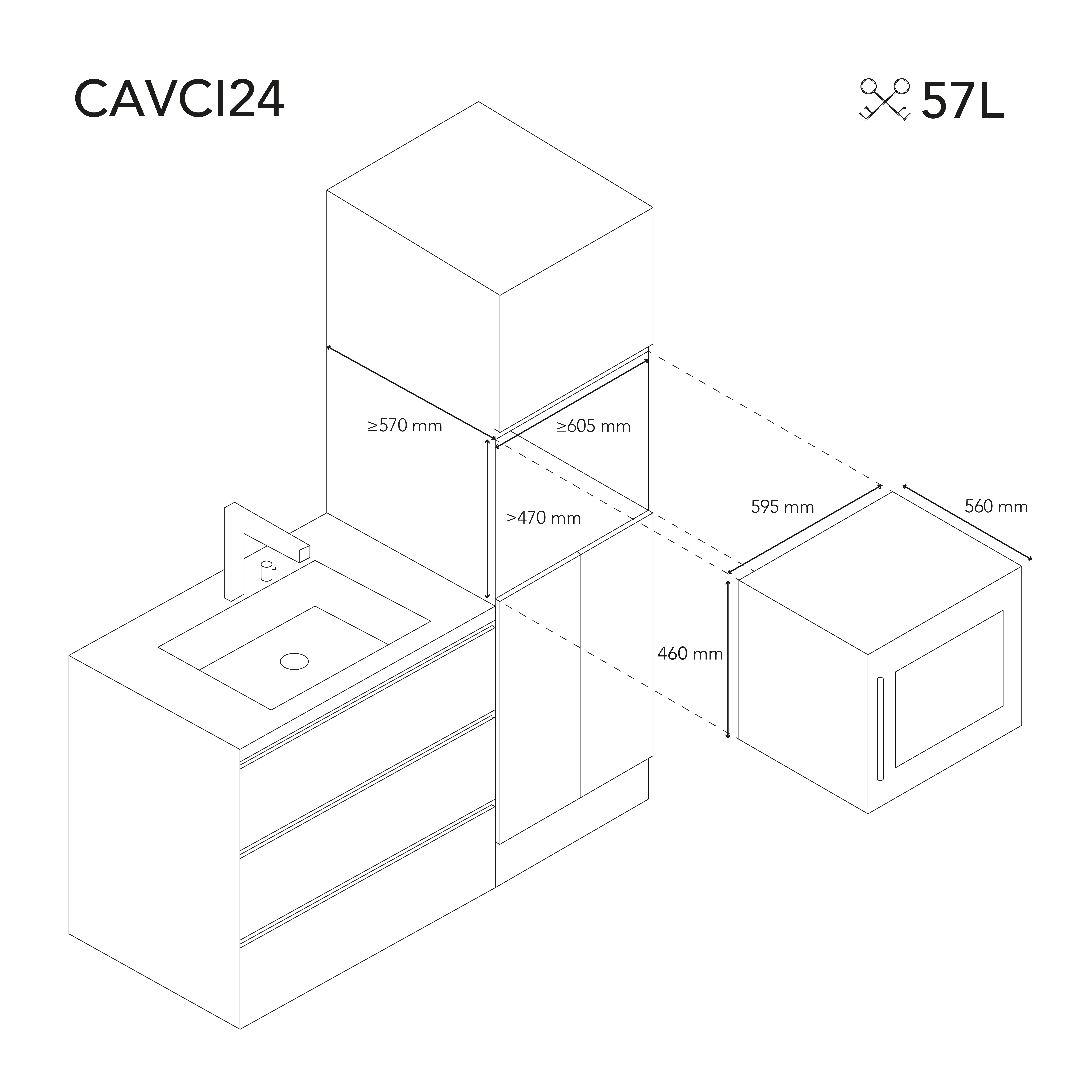 Disegno al tratto di una configurazione di mobili da cucina, con dimensioni.