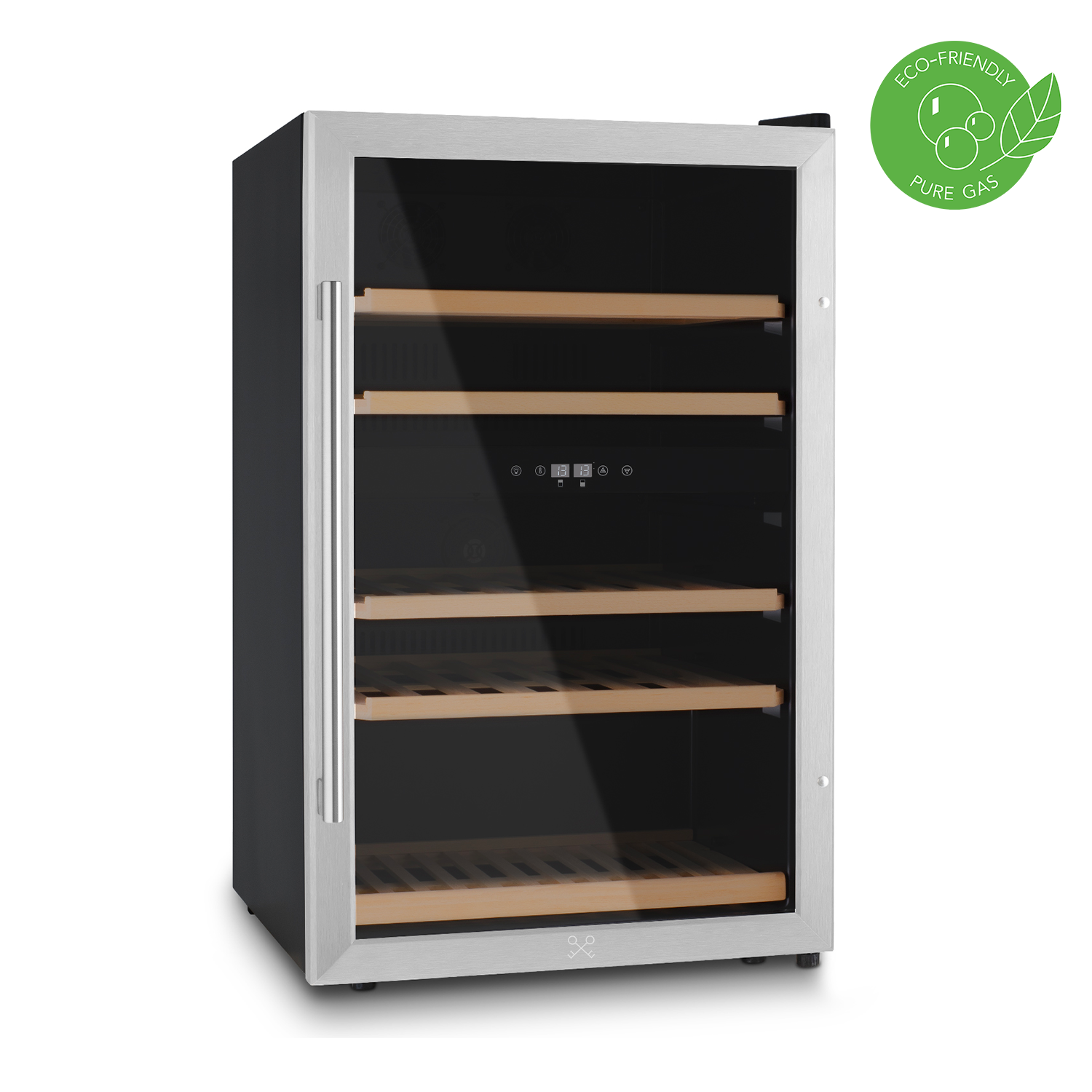 Ein hoher schwarz-silberner Weinkühlschrank mit vielen Holzregalen, Glastür.