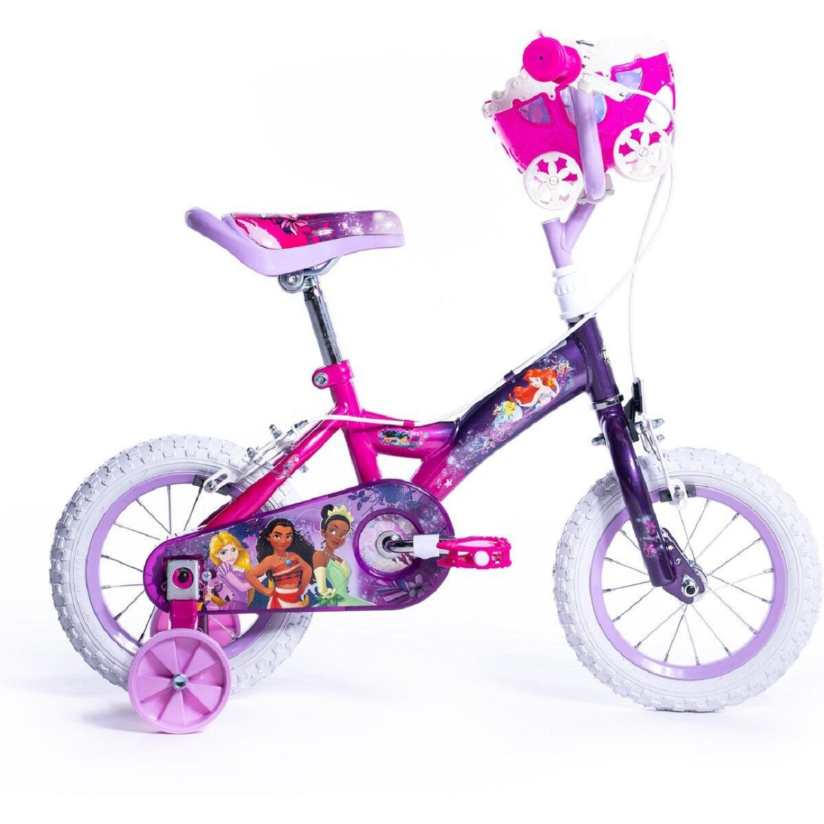 Ein rosa Fahrrad mit Stützrädern und einem Korb am Lenker. Prinzessinnen sind abgebildet.