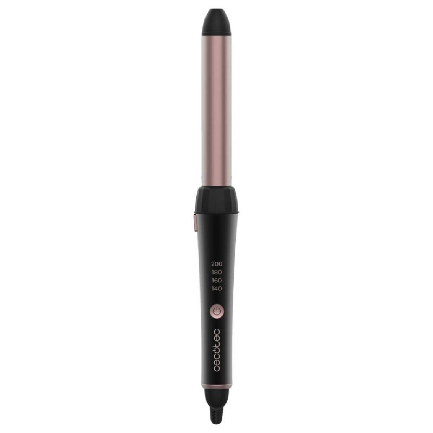 Arricciacapelli nero e oro rosa. Pulsante di accensione, impostazioni temperatura e logo del marchio.