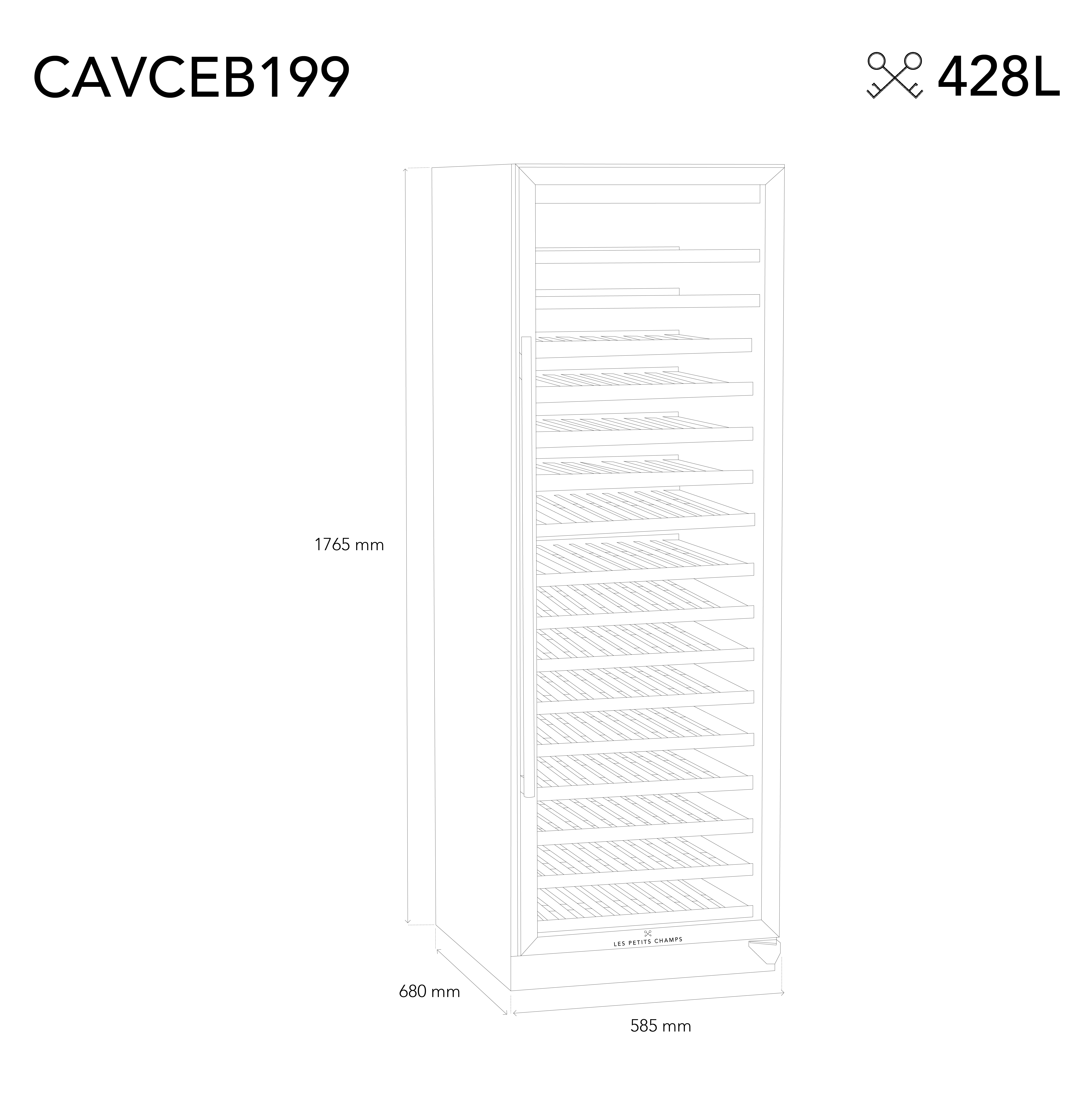 Eine Strichzeichnung eines Weinkühlers mit Abmessungen und dem Text 'CAVCEB199' und '428L'.