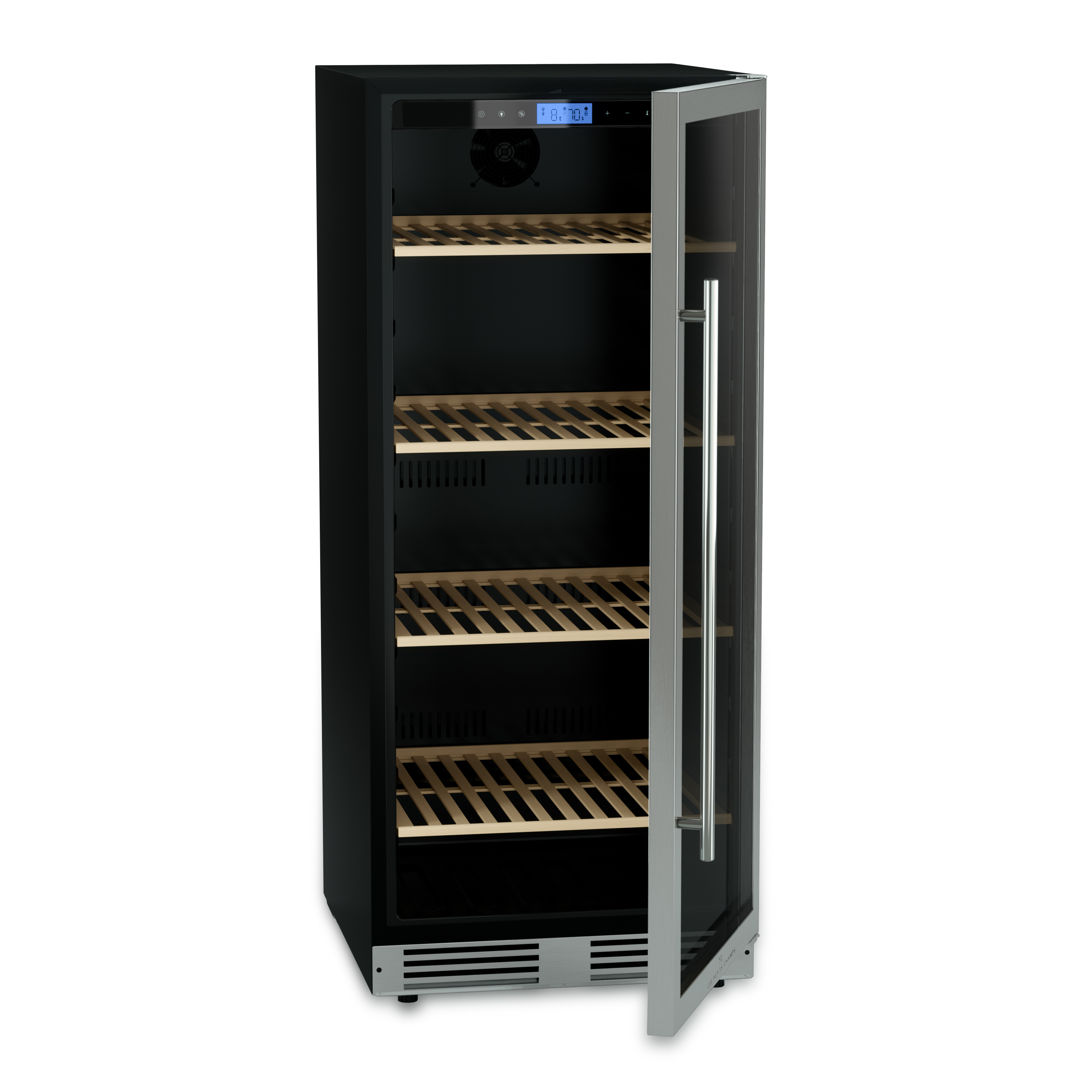 Ein schwarzer Weinkühler mit Glastür, Holzregalen und digitaler Anzeige.