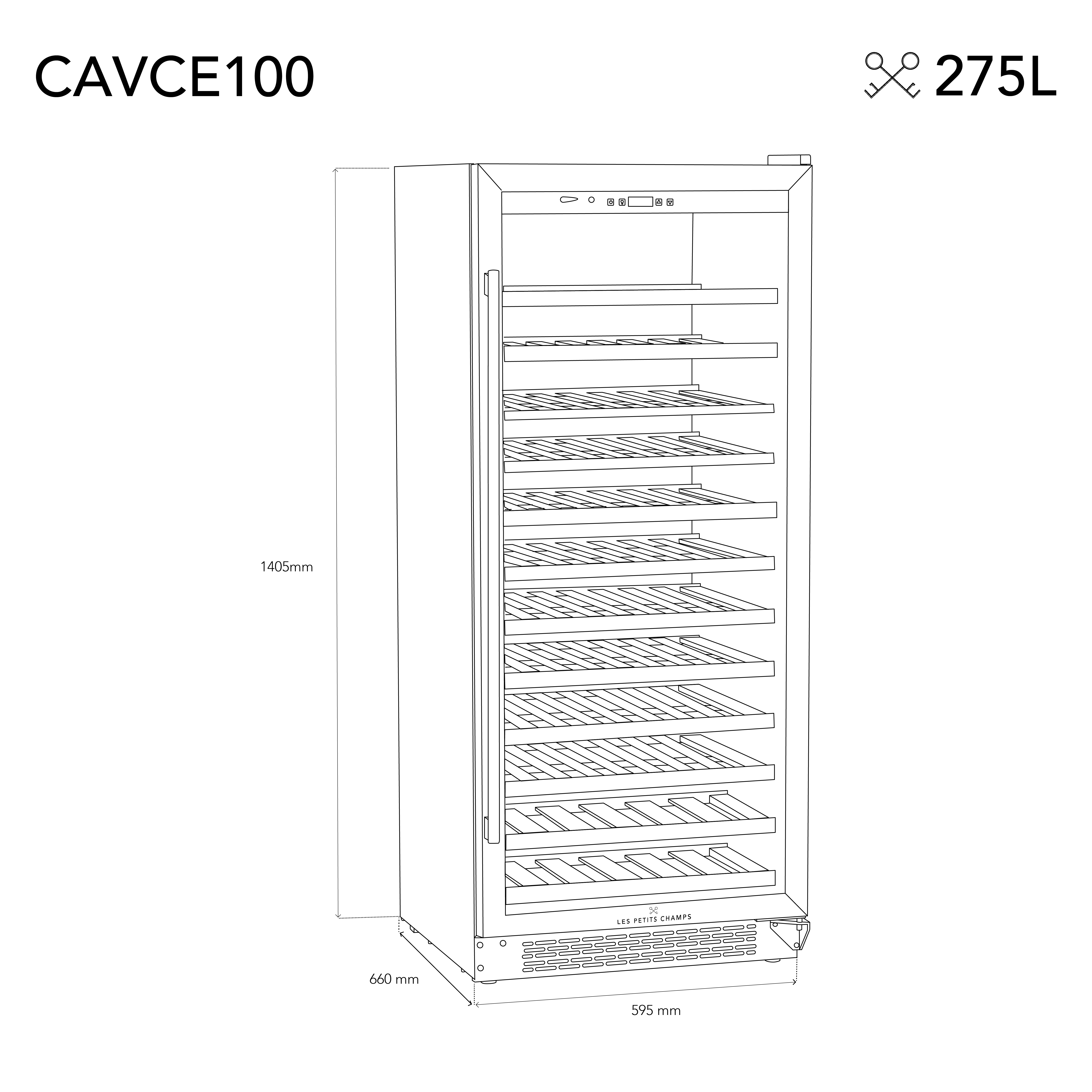 Disegno a linea di un frigo per vino alto, dimensioni e testo, sfondo bianco, Les Petits Champs.