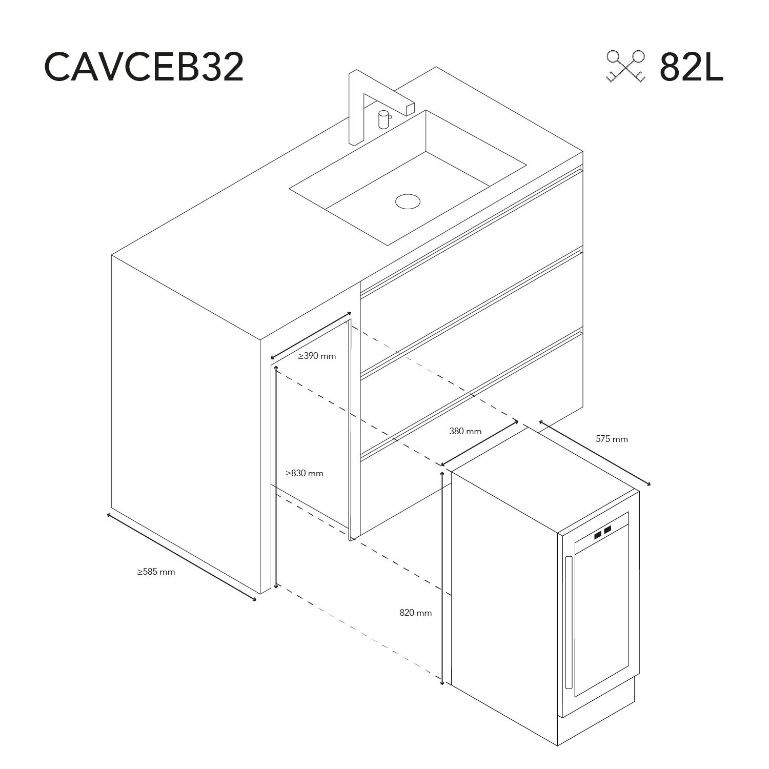 Ein weißer Badezimmerschrank mit Waschbecken und Maßen.