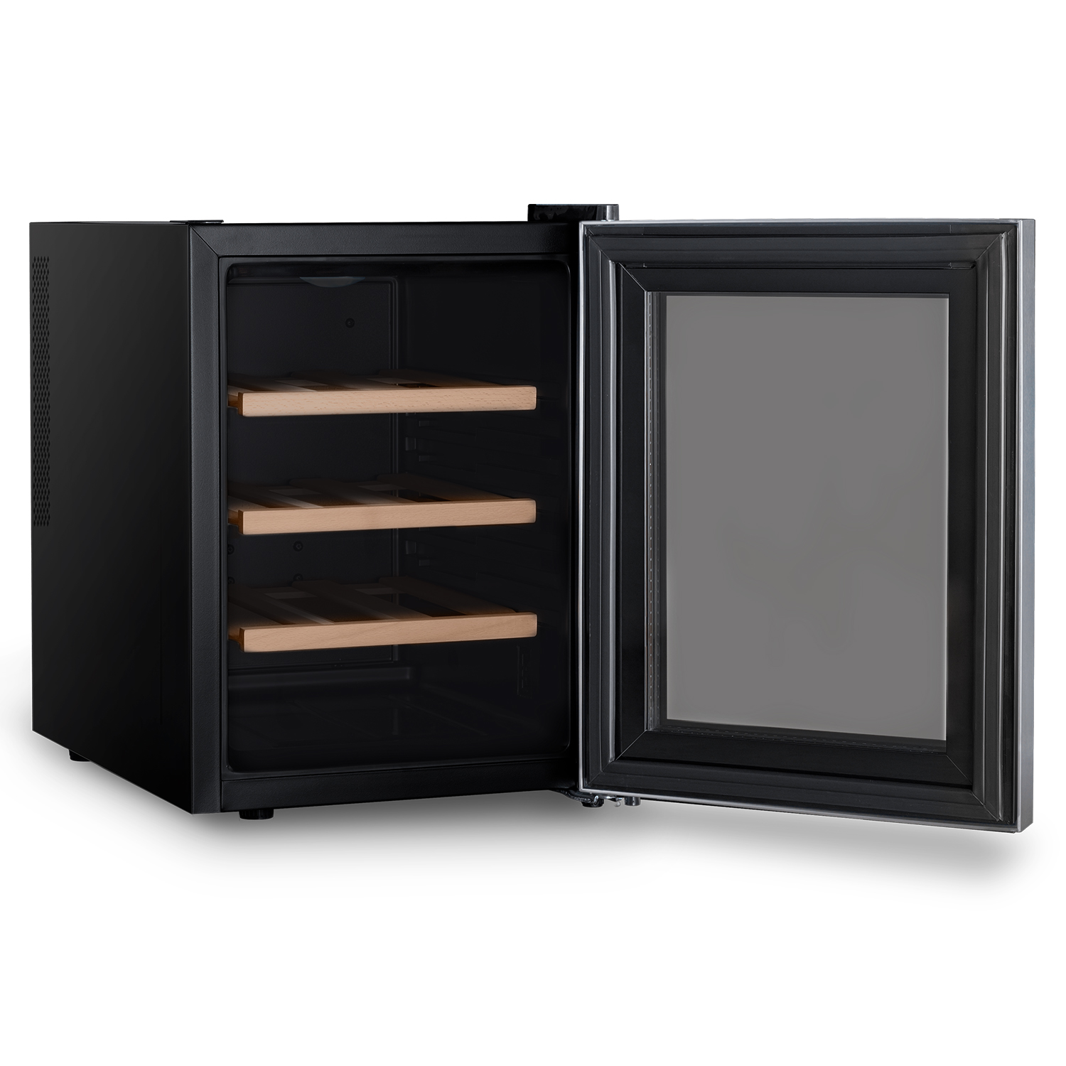 Schwarzer Weinkühlschrank mit offener Tür. Holzregale innen. Schwarze Außenseite, Glastür.