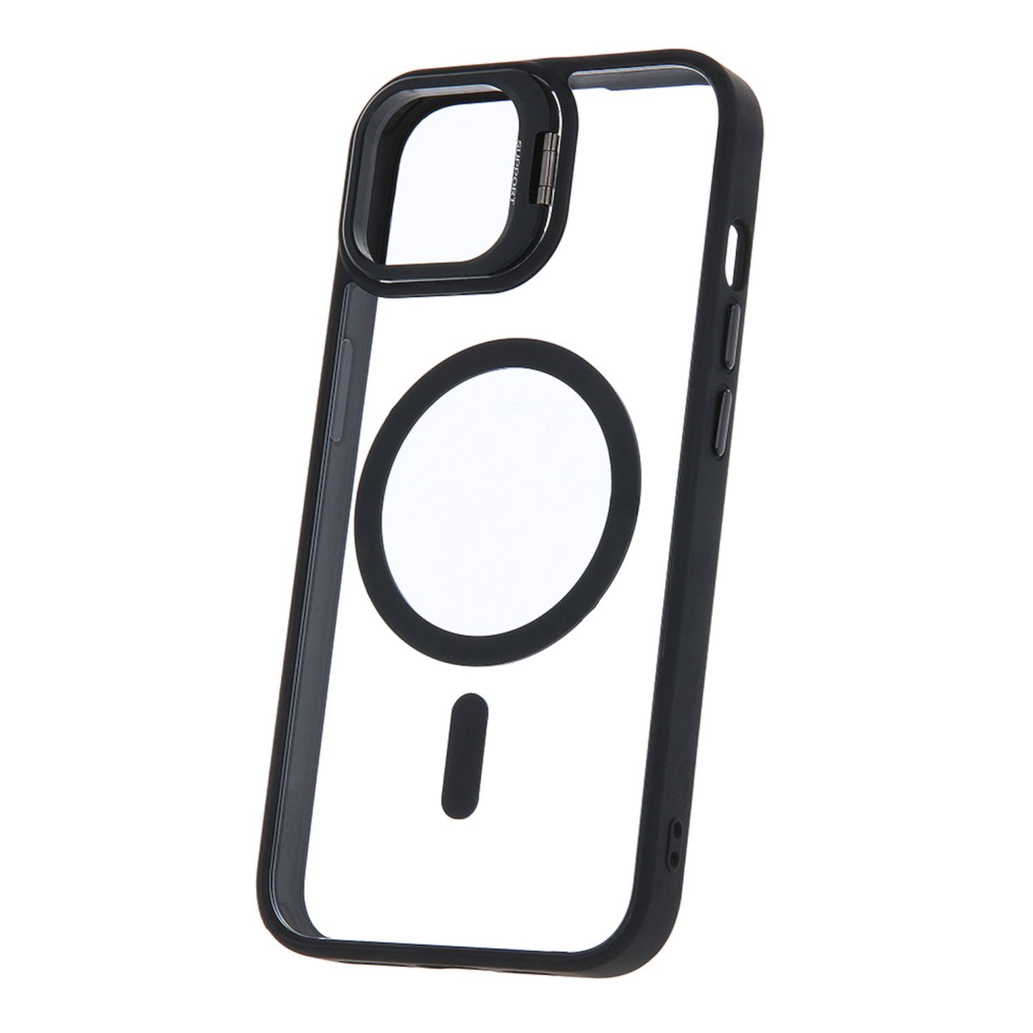Schwarze, transparente Handyhülle mit schwarzem Ring, Oval und kleinem Balken.