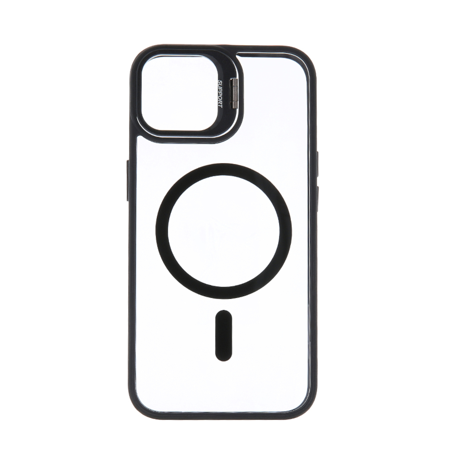 Transparente Handyhülle mit schwarzen Rändern. Sie hat einen MagSafe-Kreis und einen Kameraausschnitt mit SUPPORT-Text.