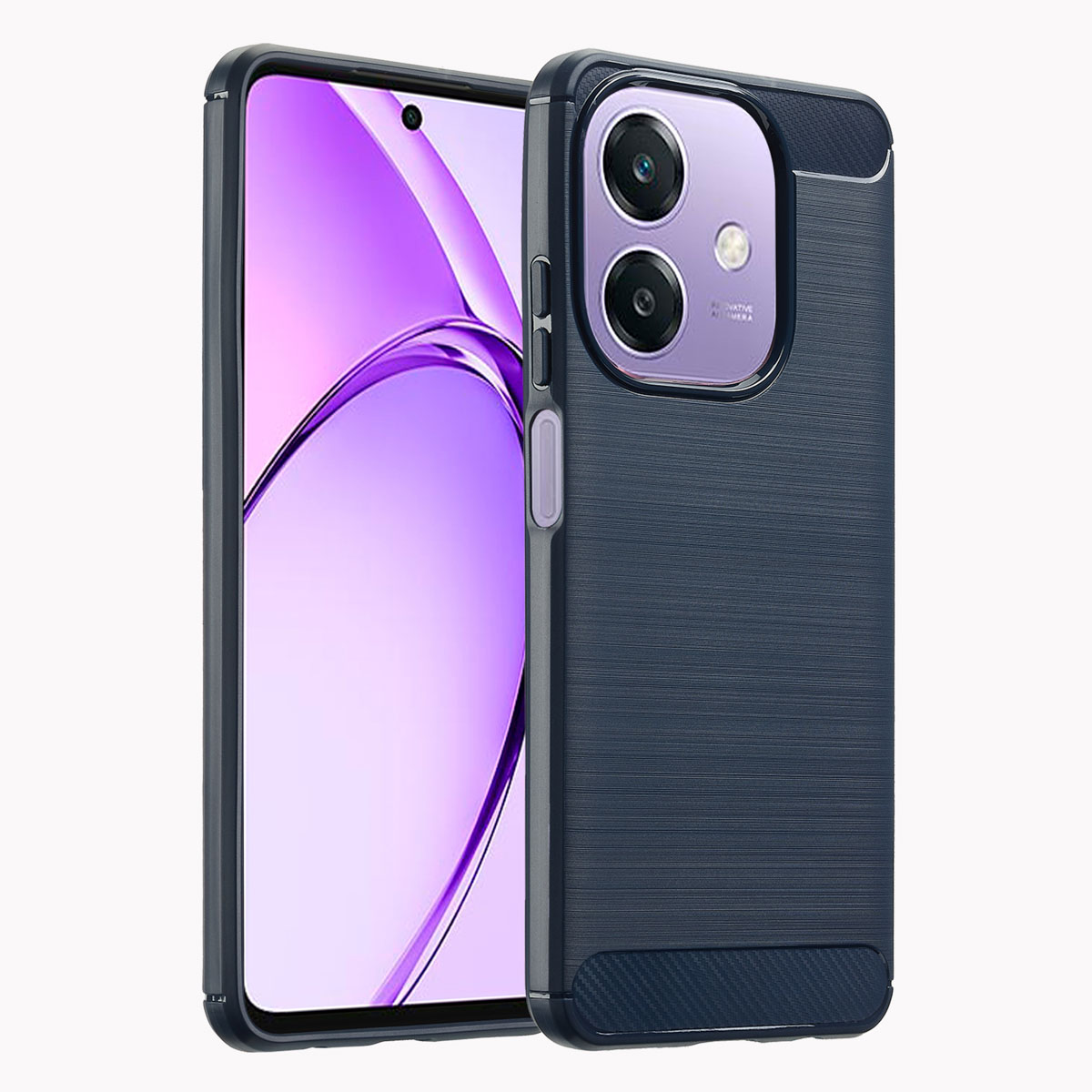 Une coque de téléphone bleu foncé avec un téléphone sur fond blanc. Le téléphone a un écran violet.