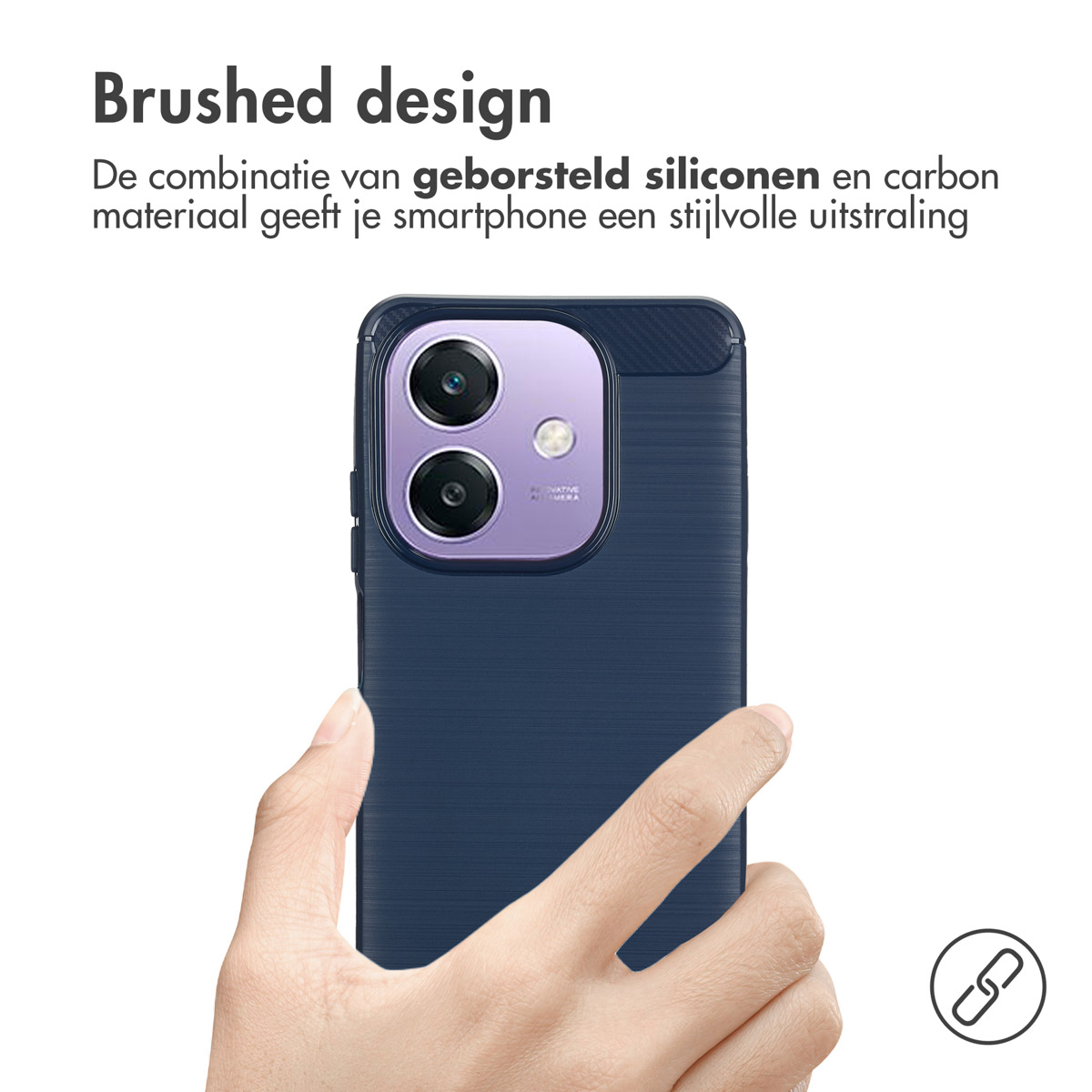 Une personne tient une coque de smartphone bleu foncé avec un design brossé. Le texte décrit la coque.