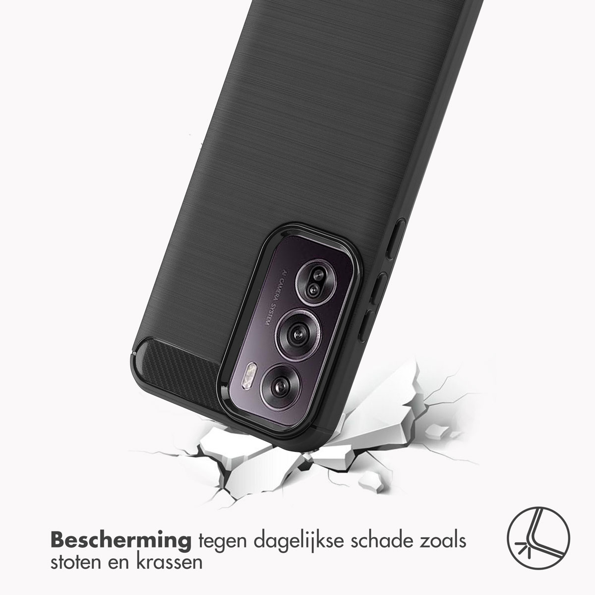 Custodia nera per telefono che cade su una superficie bianca crepata. Il telefono ha un sistema di fotocamera.