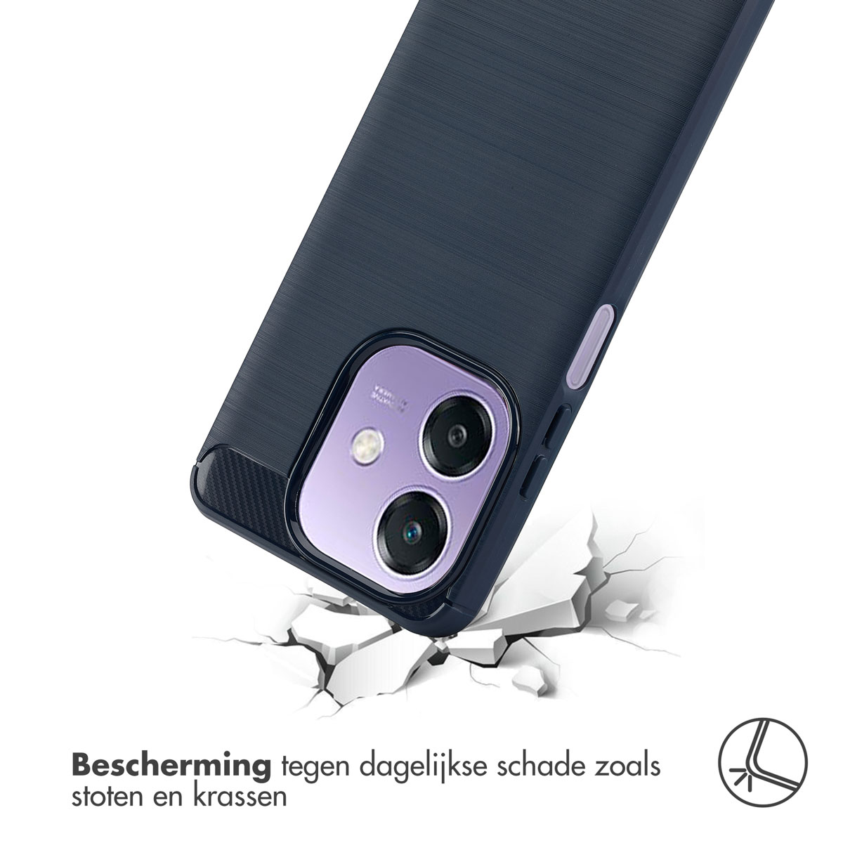 Une coque de téléphone bleu marine. Le téléphone semble tomber, avec une fissure au sol.
