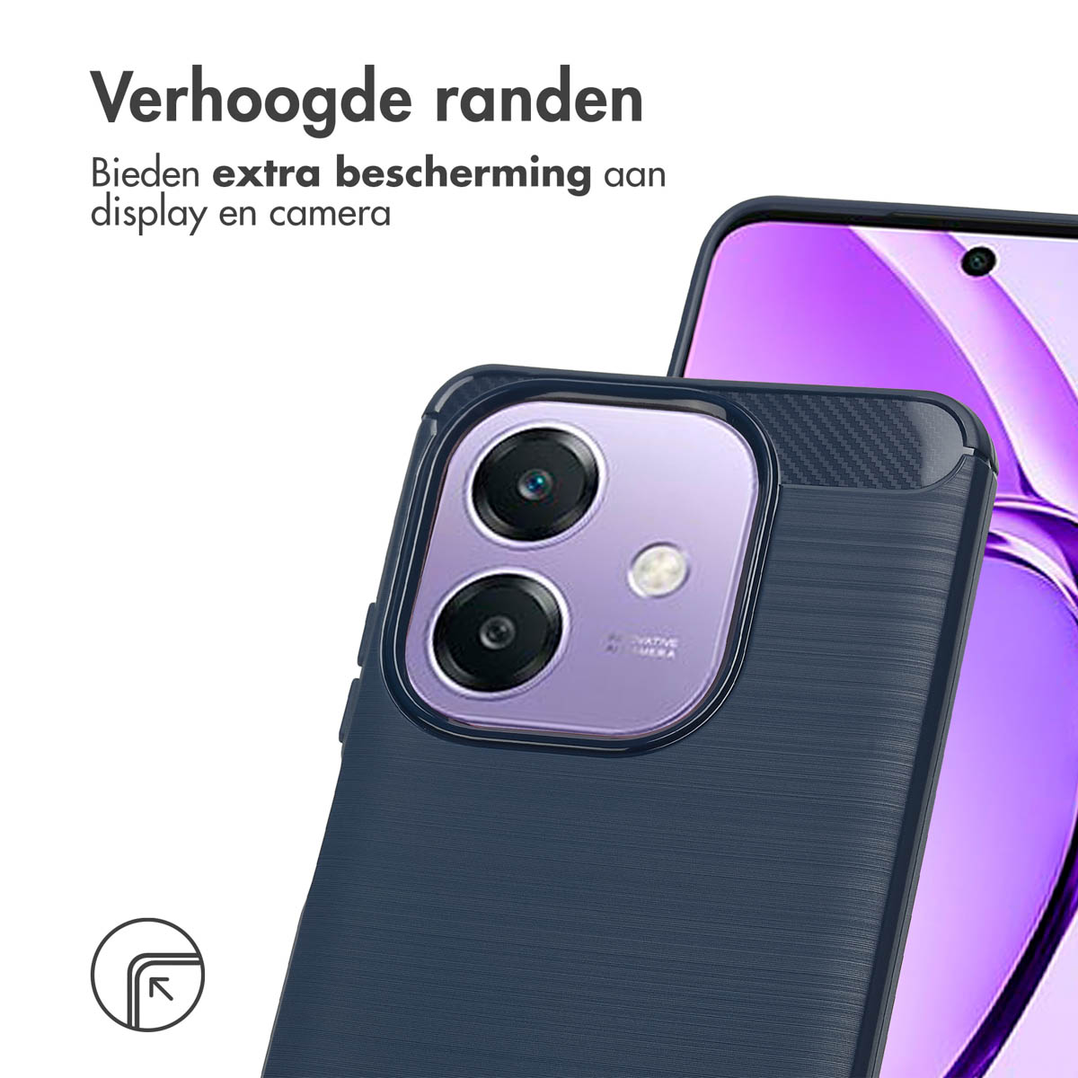 Téléphone dans un étui, étui bleu foncé, avec un téléphone à l'intérieur. Texte en arrière-plan.