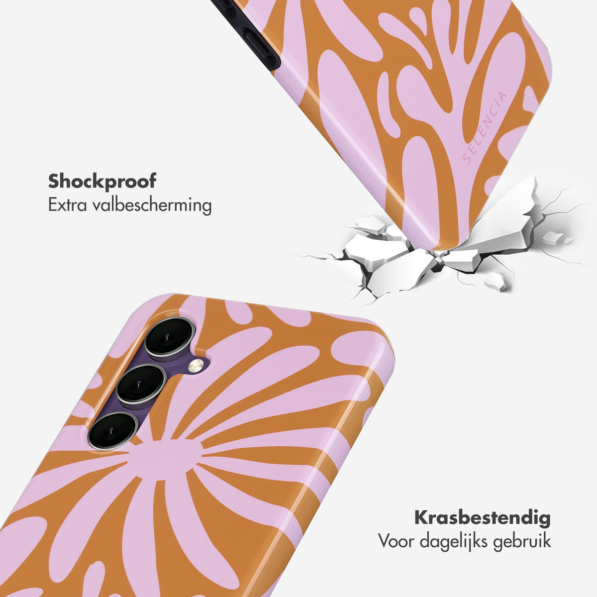 Telefoonhoesje met een bloemenontwerp. Tekst zegt 'Schokbestendig' en 'Krasbestendig'.