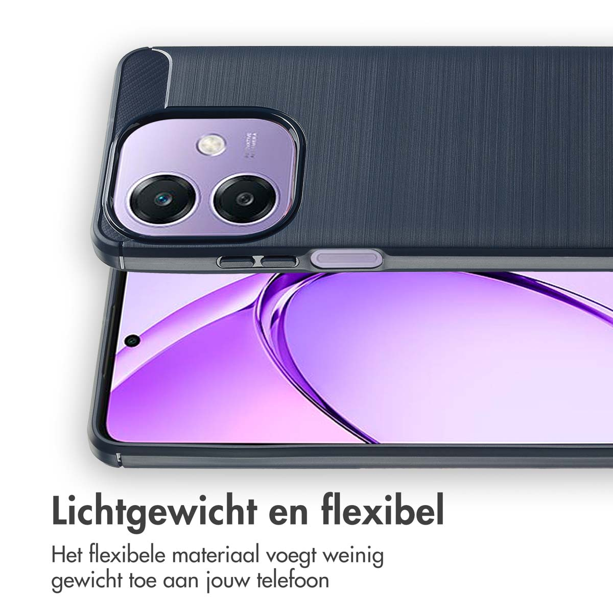 Gros plan d'une coque de téléphone bleu foncé sur un téléphone avec écran violet.
