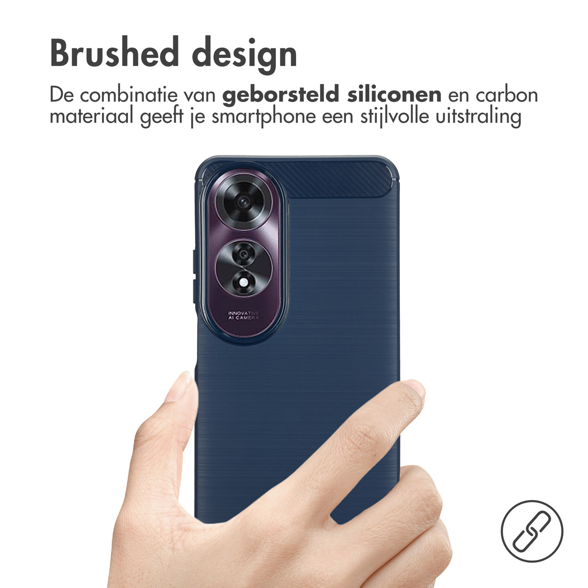 Une main tenant une coque de téléphone bleue. Texte : "Brushed design" et "Innovative AI Camera".