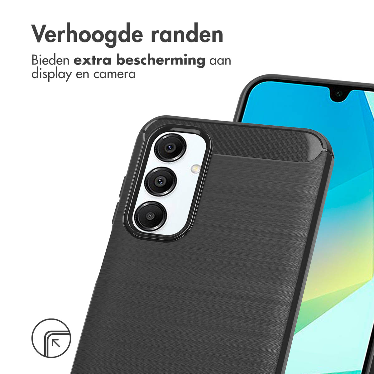 Close-up van een telefoonhoesje met verhoogde randen, met de camerabult en achterkant.
