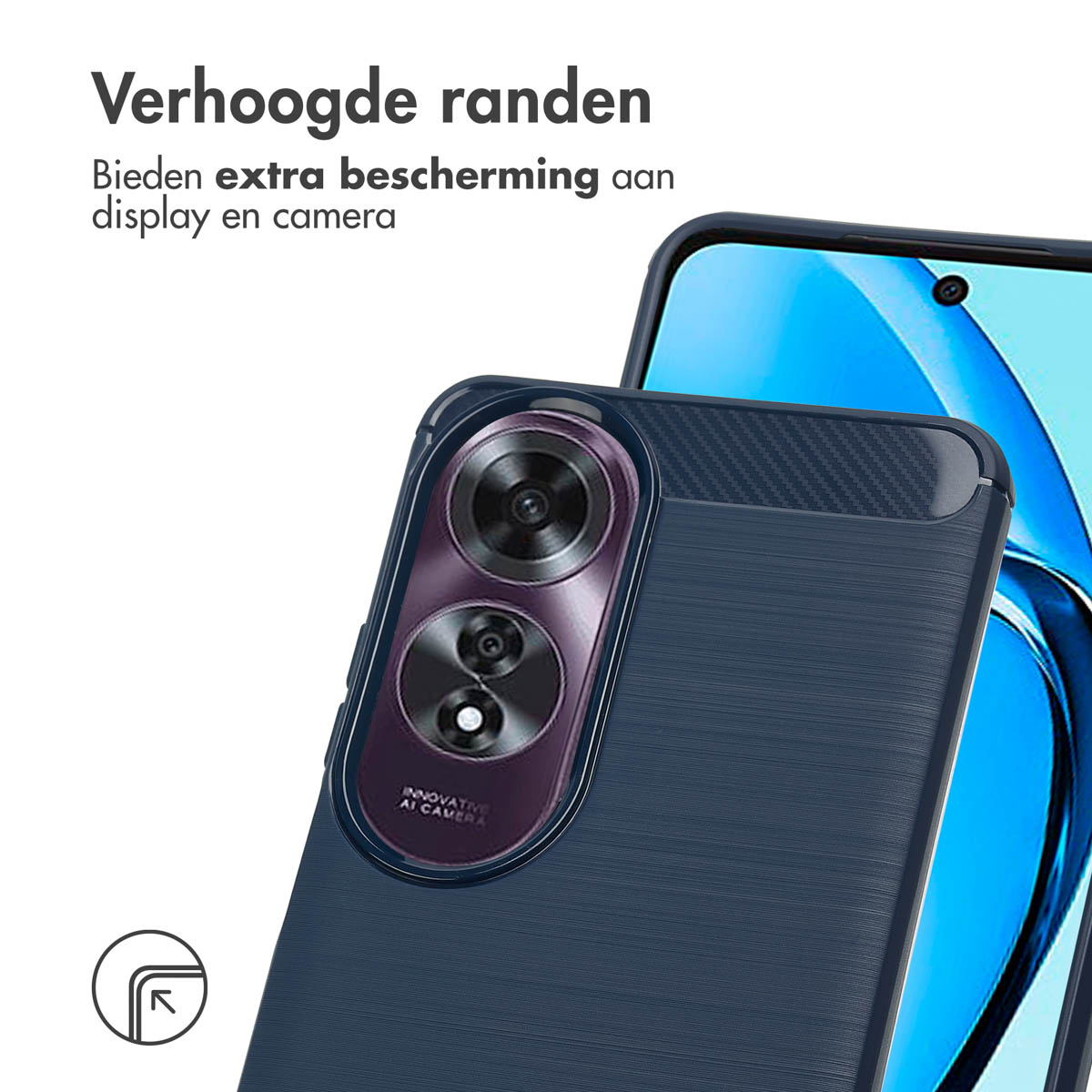 Un téléphone dans un étui bleu foncé. Le texte indique 'innovative AI camera'.