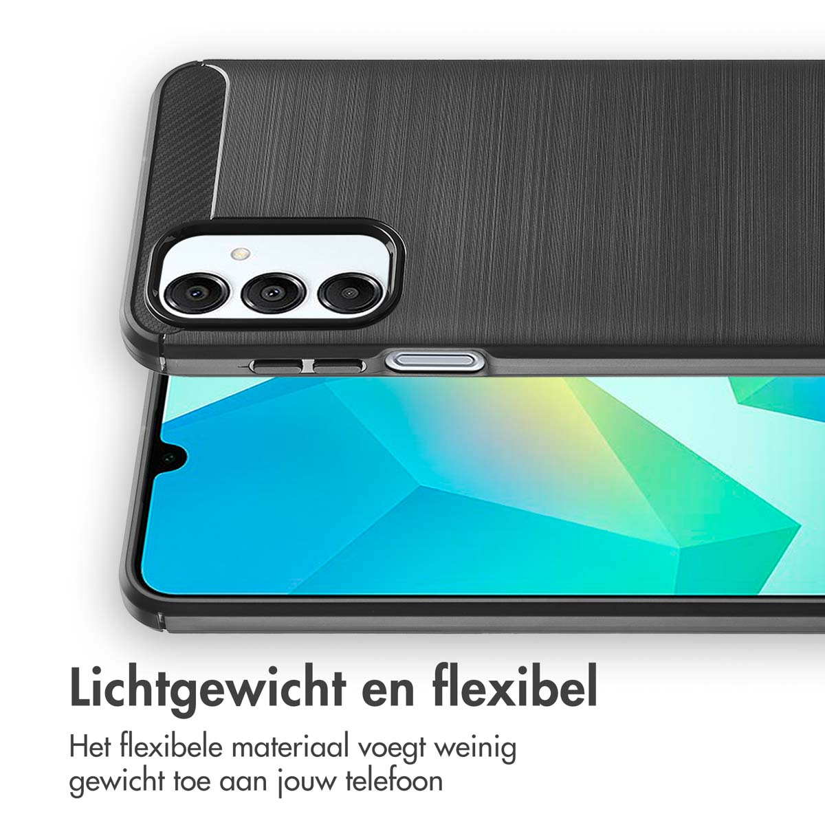 Zwarte telefoonhoes op een telefoon. Tekst zegt 'Lichtgewicht en flexibel'.