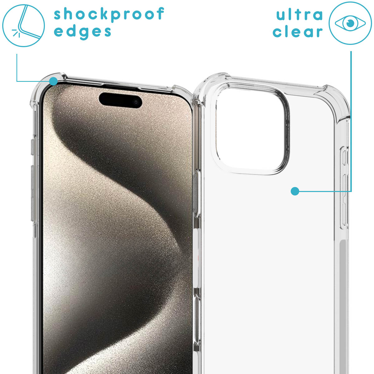 Transparante telefoonhoes op de telefoon. Tekst zegt schokbestendige randen en ultra helder met oogpictogram.