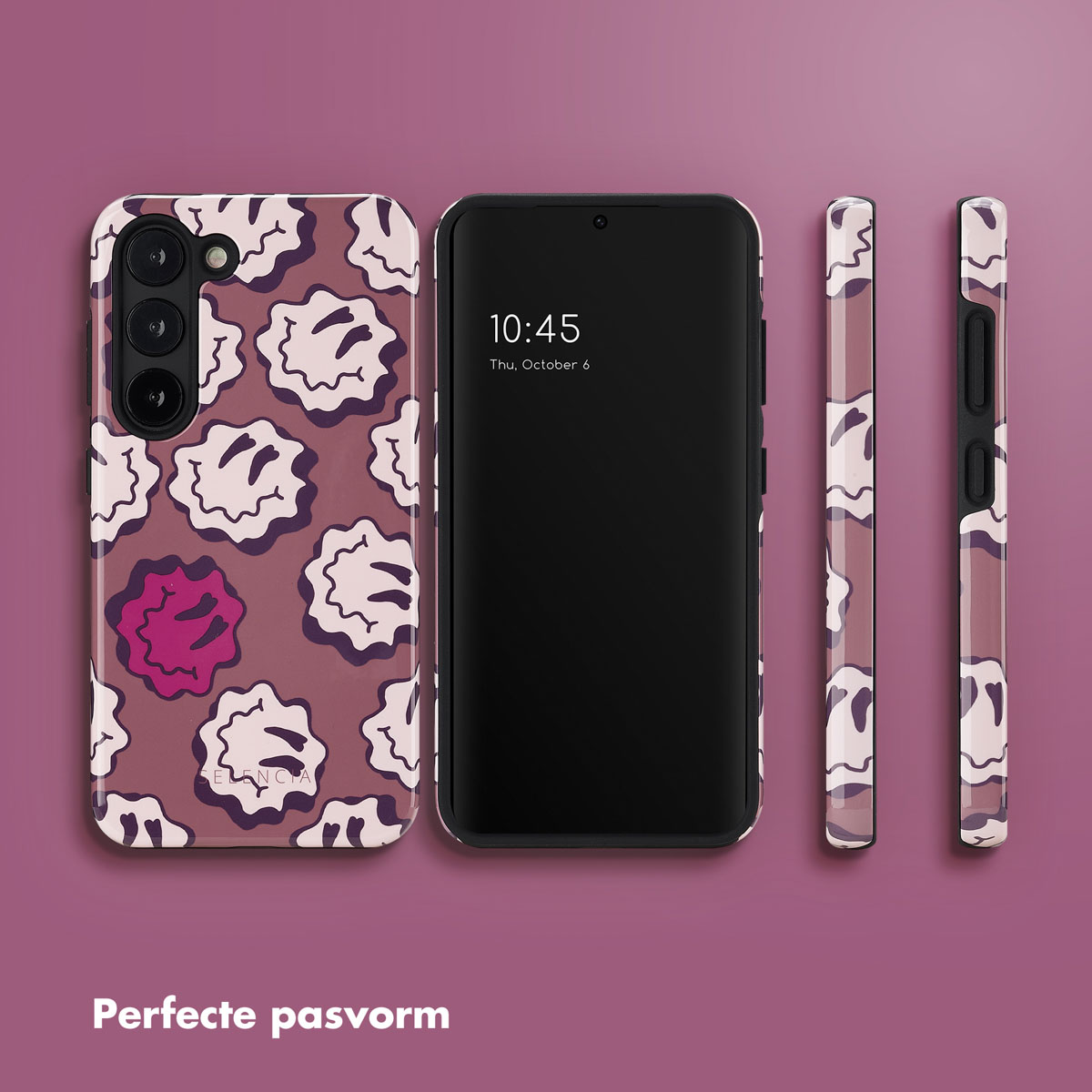Une coque de téléphone avec un motif de formes blanches et roses. Le téléphone et les côtés sont visibles.