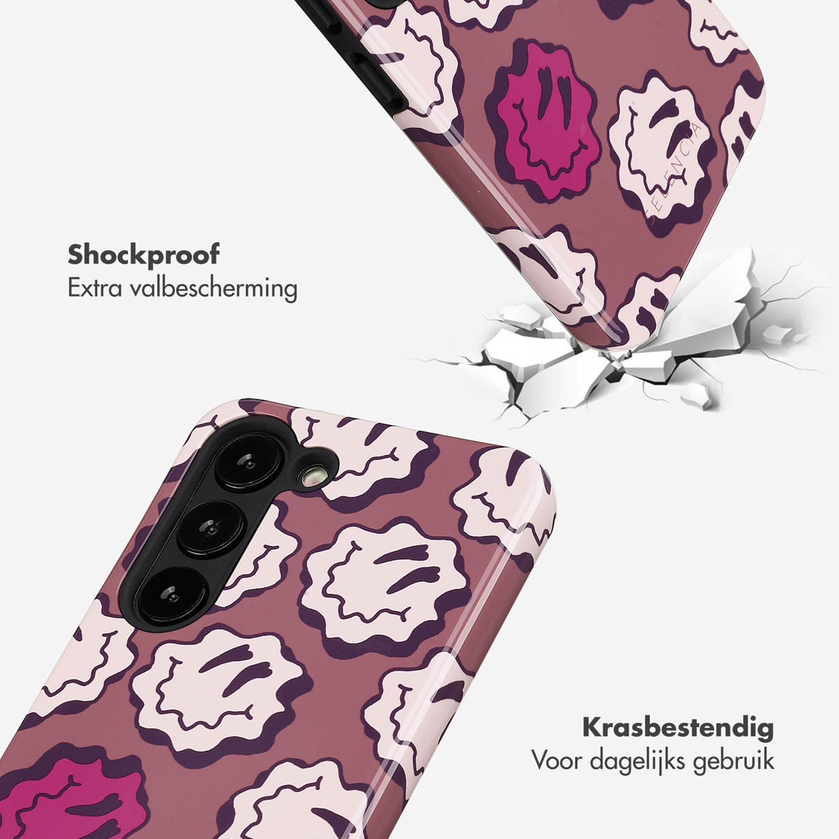 Coque de téléphone tombant et se fissurant. Design violet et marron. Texte : Antichoc. Fond blanc.
