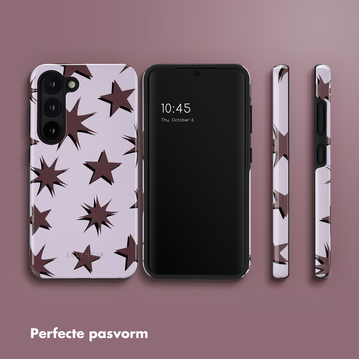 Custodia per telefono con stelle e un telefono. Diverse angolazioni. Sfondo viola.